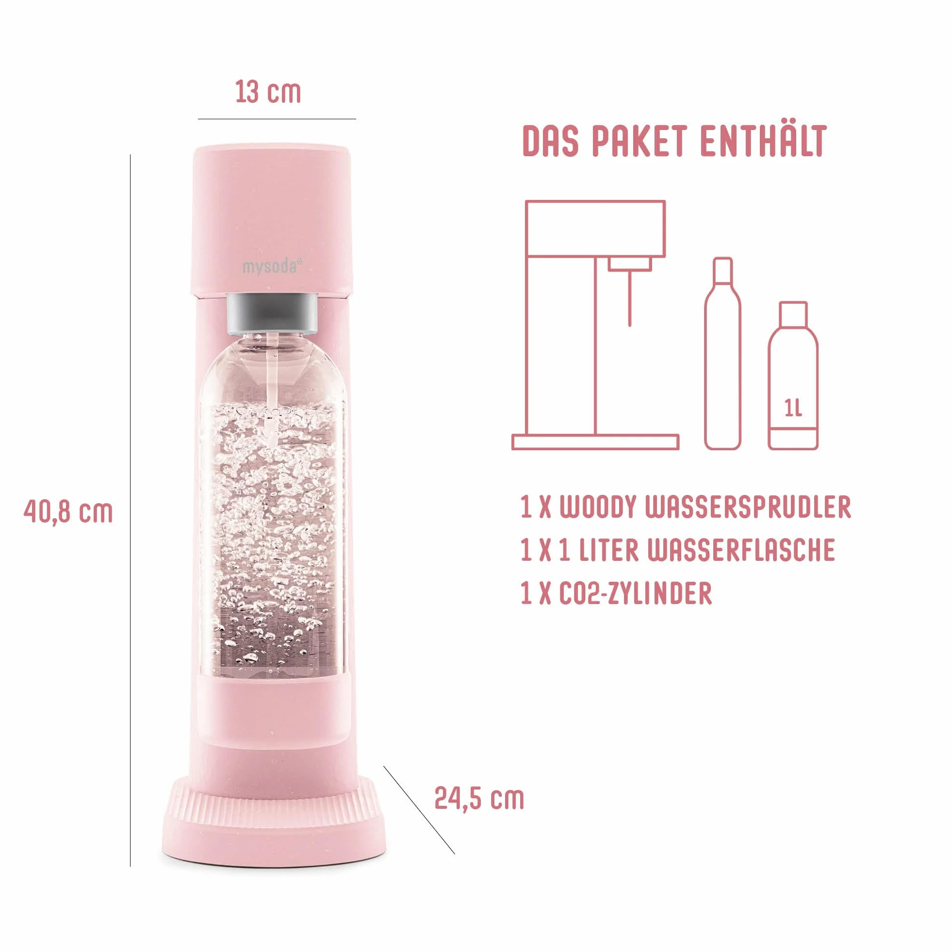 Mysoda: Woody zestaw saturatora z odnawialnego kompozytu drewnianego, z plastikową butelką Quick-Lock 1 l, bez BPA i cylindrem CO2, różowy