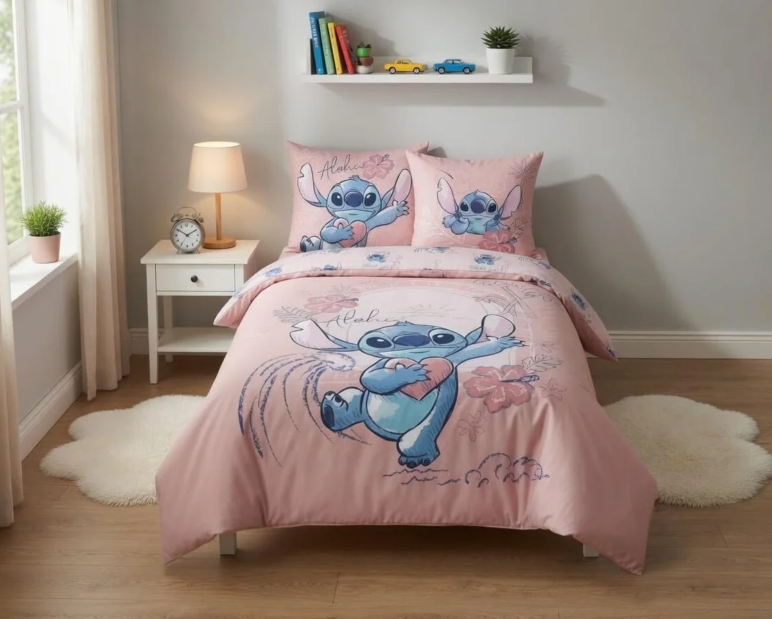 Disney Stitch różowy komplet pościeli, 100% bawełna, poszwa na kołdrę 140 x 200 cm i poszewka na poduszkę 65 x 65 cm