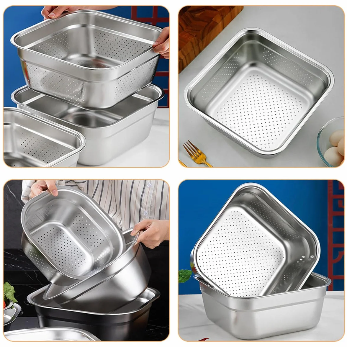 Kwadratowy durszlak ze stali nierdzewnej 27 cm, wszechstronne sitko kuchenne do mycia owoców i warzyw, kompaktowy, trwały, łatwy drenaż, niezbędne narzędzie do gotowania
