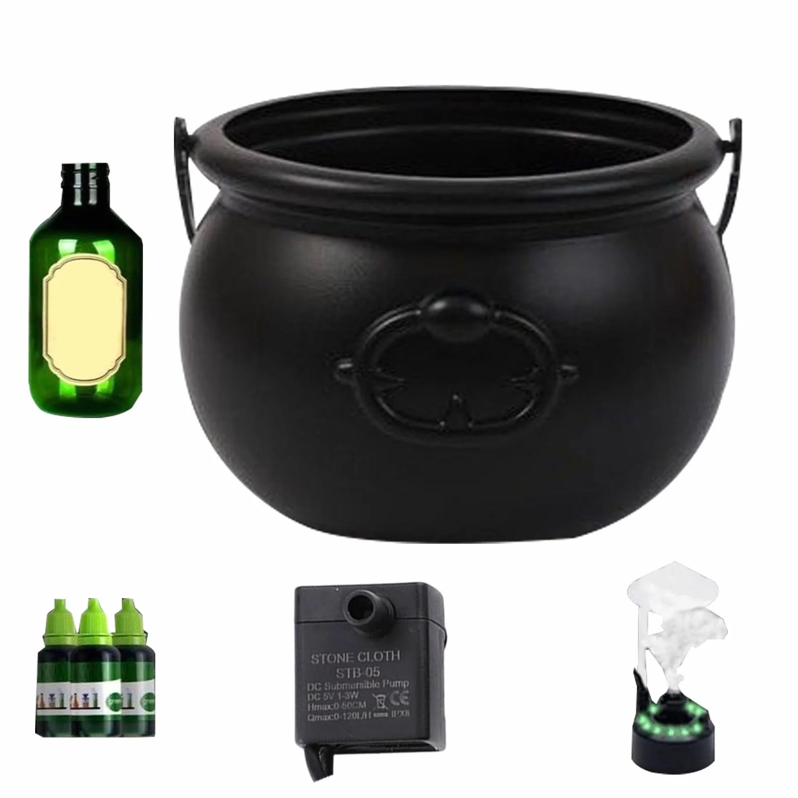 Cauldron Diffuser, Halloween Witch Pot Jar, Bubbling Black Cauldron with Floating Potion Bottles, Spooky Outdoor Decor for Entryway, Yard, Backyard, Holiday, 10.24 Inches