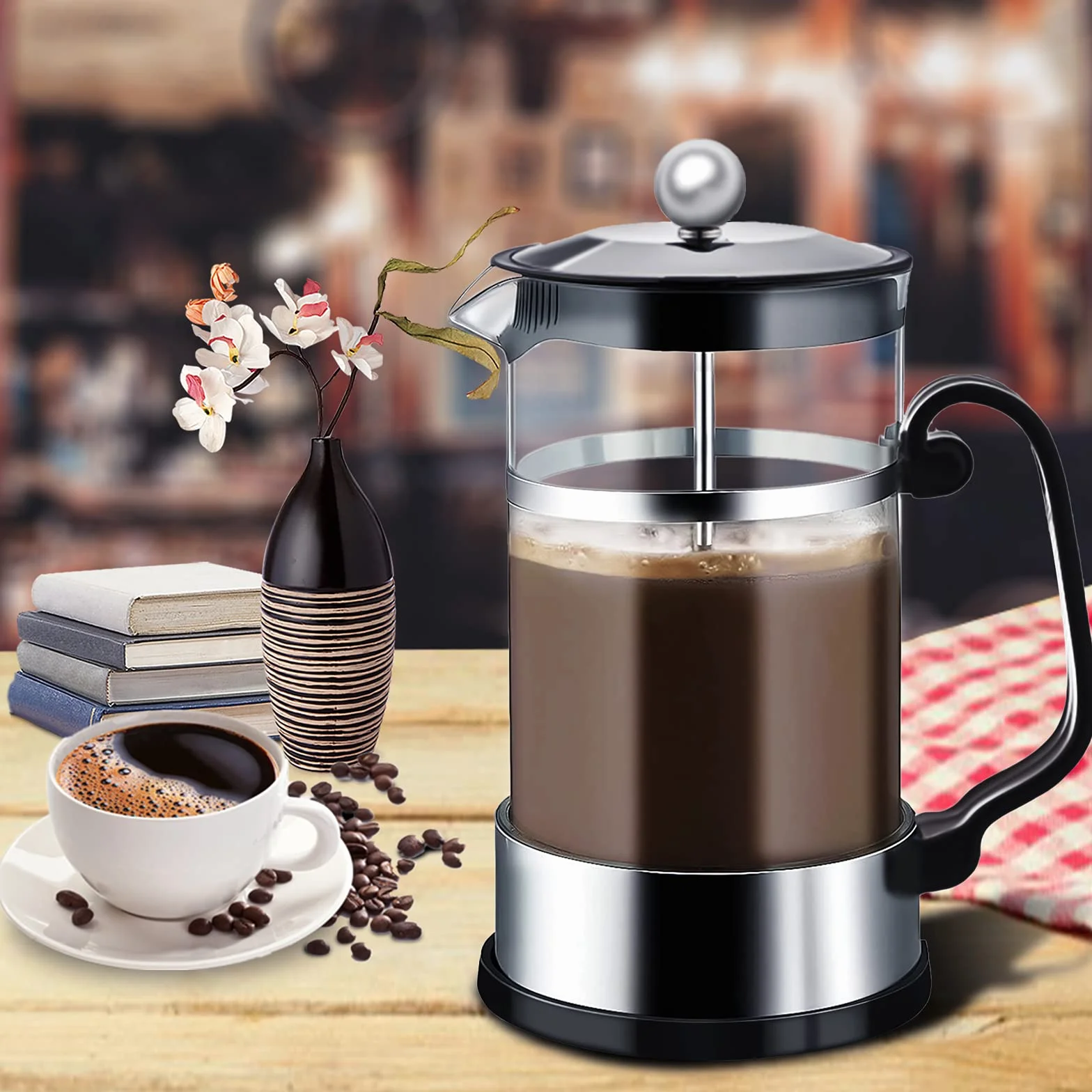 French Press zaparzacz do kawy z filtrem ze stali nierdzewnej 1000 ml, dzbanek do kawy, ze szkła (czarny)