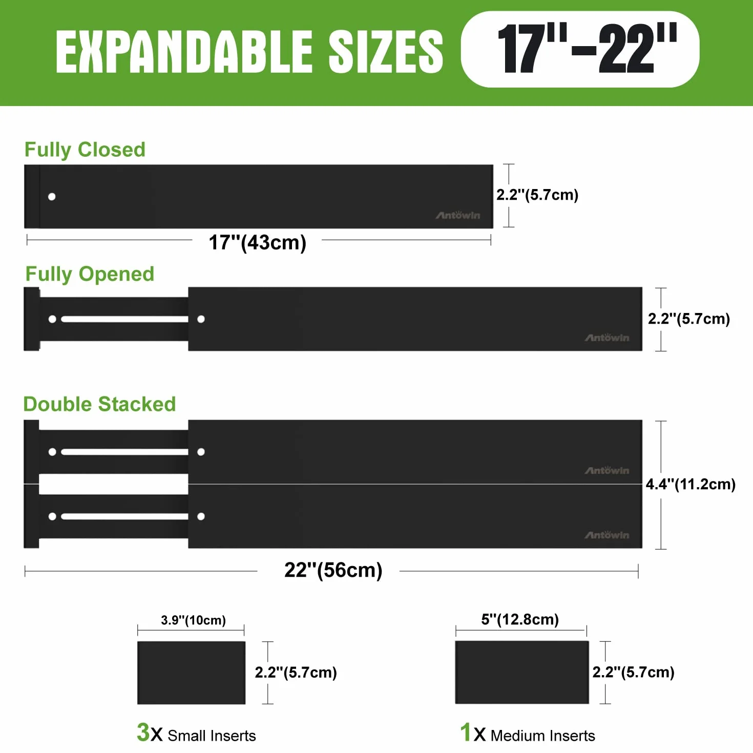 ANTOWIN Bambusowe przegrody do szuflad, 10 sztuk, rozsuwane separatory do szuflad, 43-56 cm, regulowany sprężynowy organizer na duże przybory, ubrania, narzędzia, szuflady, czarne, 10 szt
