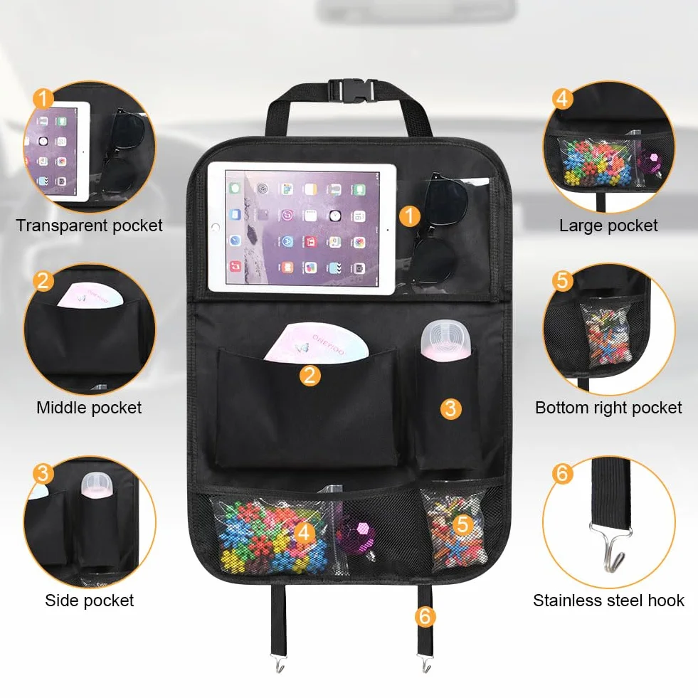 URAQT Organizer na siedzenie samochodowe, 2 szt., organizer na tylne siedzenie samochodowe, 6 kieszeni do przechowywania, organizer samochodowy ze składanym stolikiem i uchwytem na tablet, do SUV-a