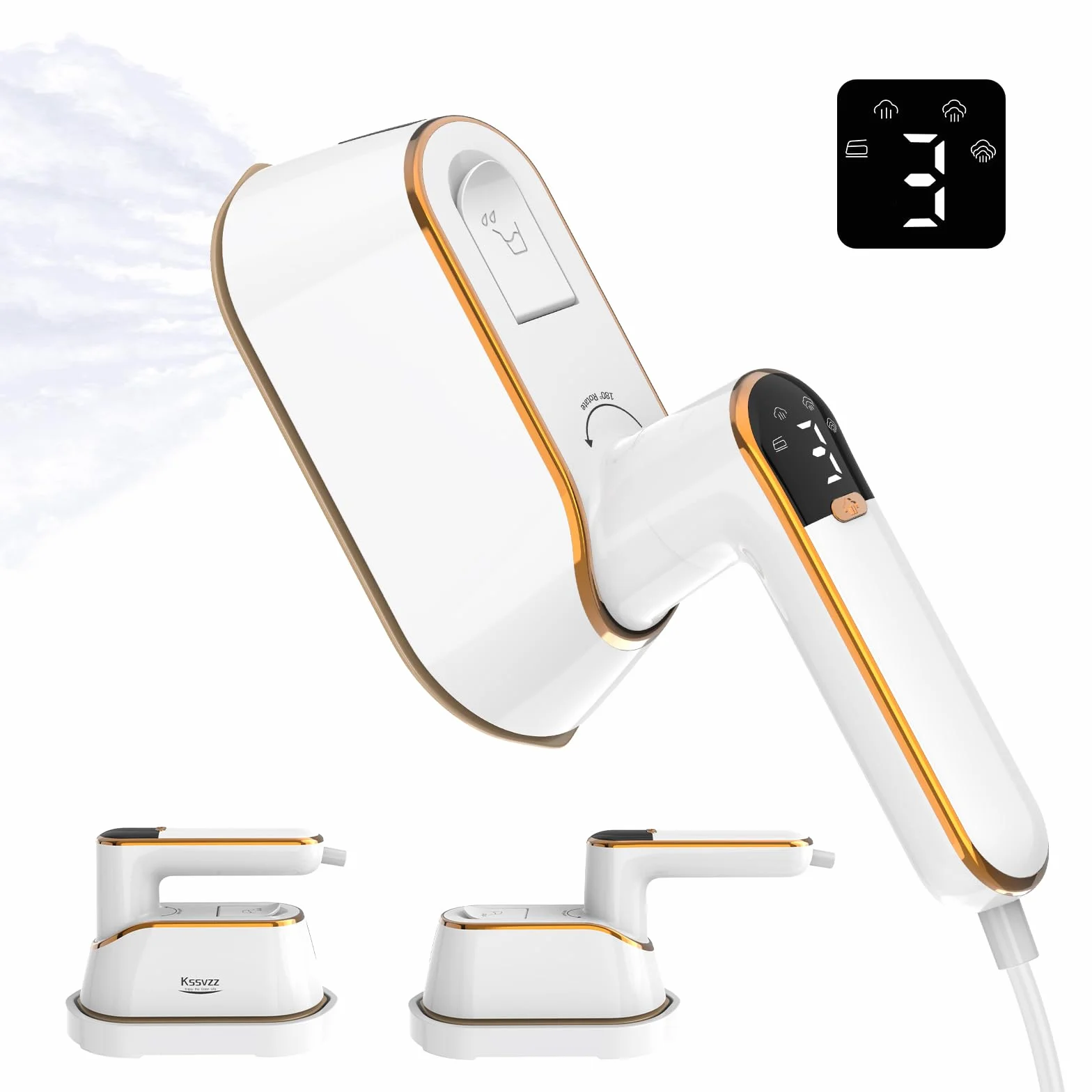 Kssvzz Podróżna parownica do ubrań - ekran LCD 2 w 1 Mocne urządzenie do usuwania zmarszczek 110ML, szybkie nagrzewanie 15S, żelazko parowe do podróży, domu, biura (Biały)