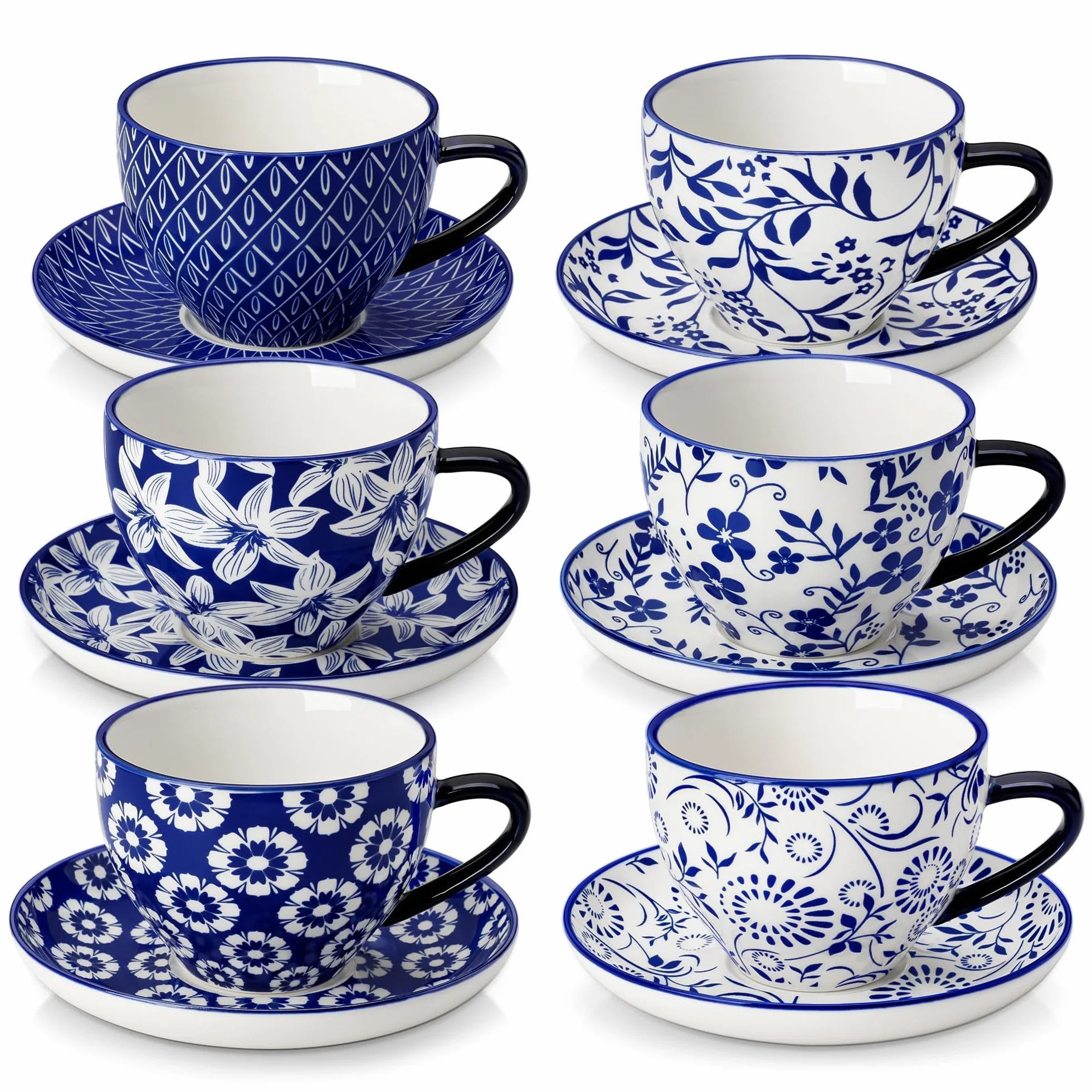 vancasso Selene Zestaw filiżanek i spódniczek, 240 ml, porcelanowy mały zestaw do kawy espresso dla 6 osób, styl vintage, niebiesko-biały, ceramiczne