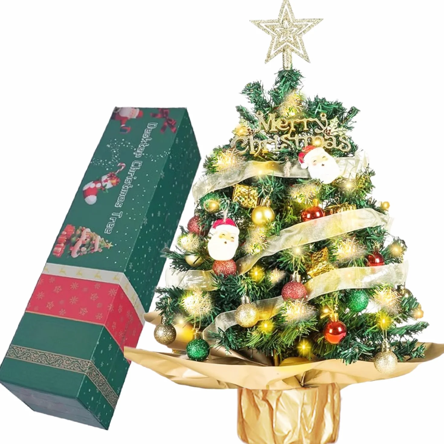 mini choinka 60 cm, mała choinka z oświetleniem LED, choinka stołowa, mała, sztuczna, ozdobiona na dekoracje bożonarodzeniowe i potrzeby imprezowe - zielona