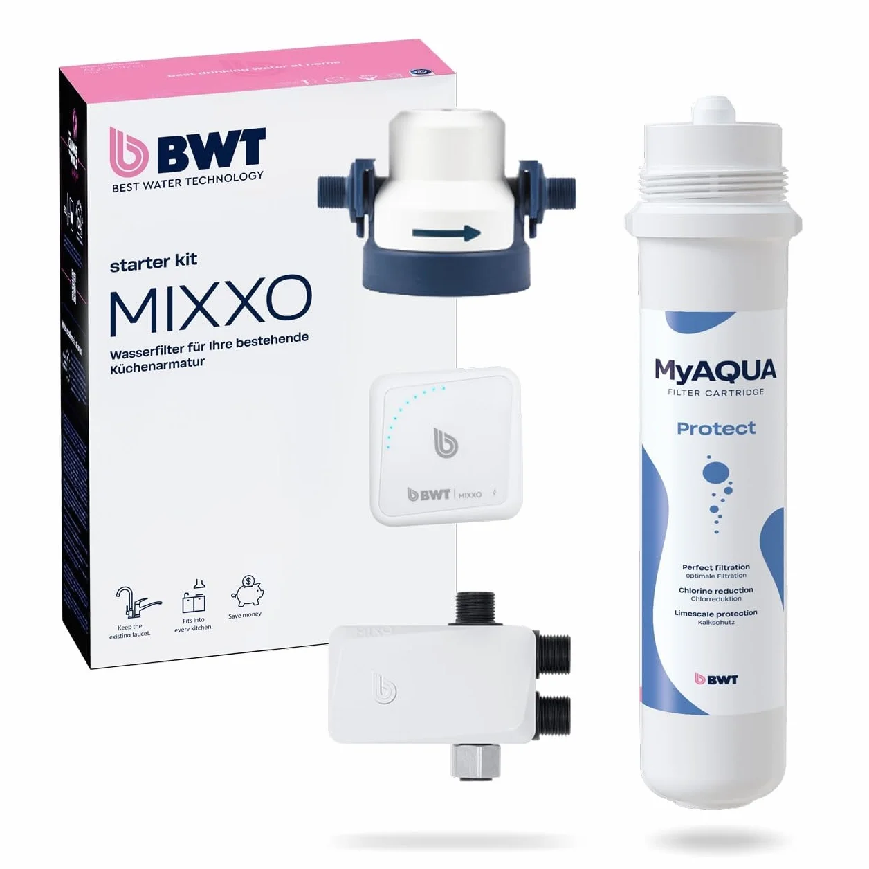 BWT MIXXO PROTECT zestaw startowy do filtra wody pod stół, filtrowana lub niefiltrowana woda z kranu po naciśnięciu przycisku, w zestawie wkład filtrujący