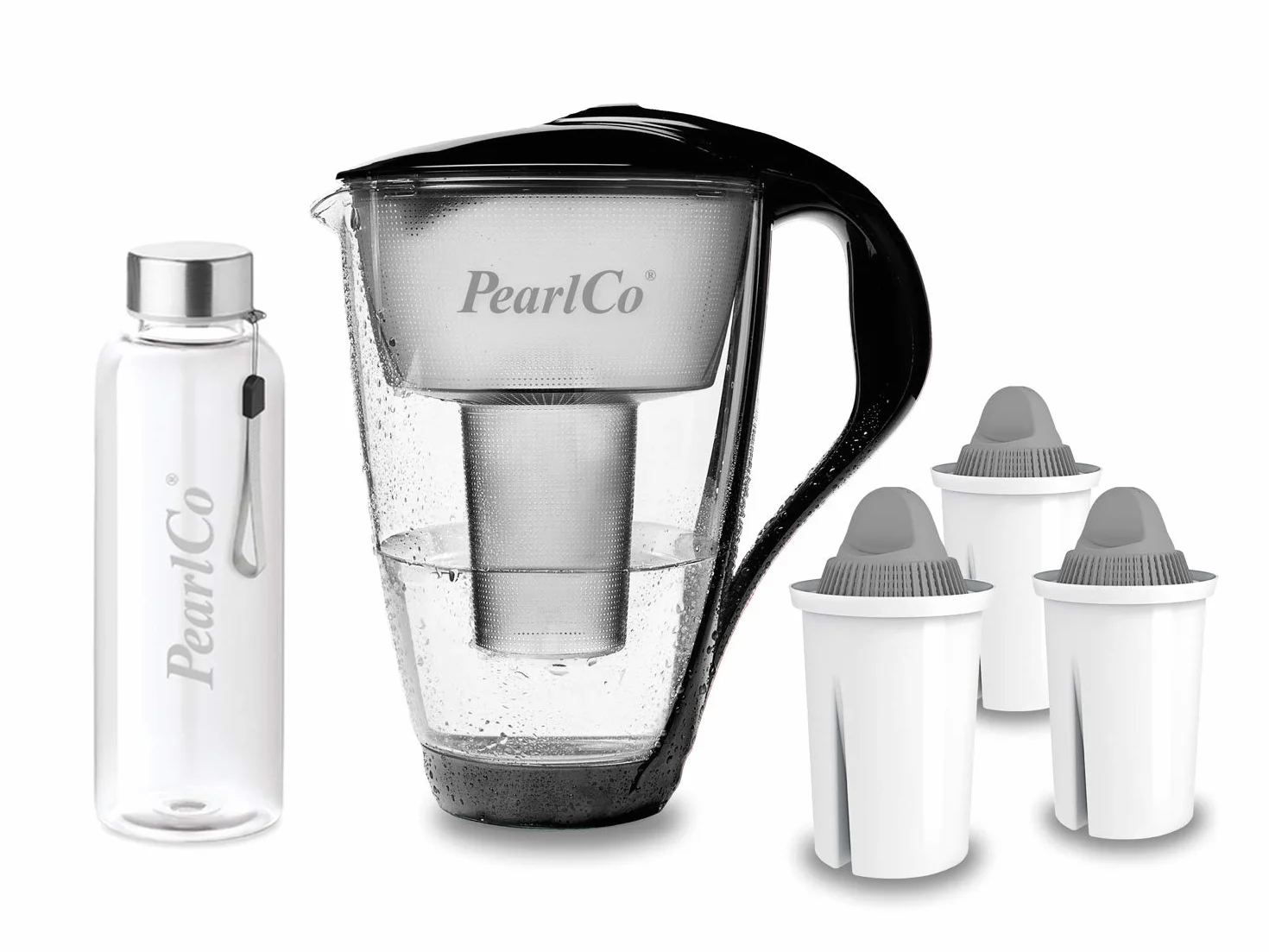 PearlCo - Szklany filtr do wody (czarny) z 3 wkładami filtrującymi Protect+ Classic (do twardej wody) + 1 butelka na napoje ze szkła