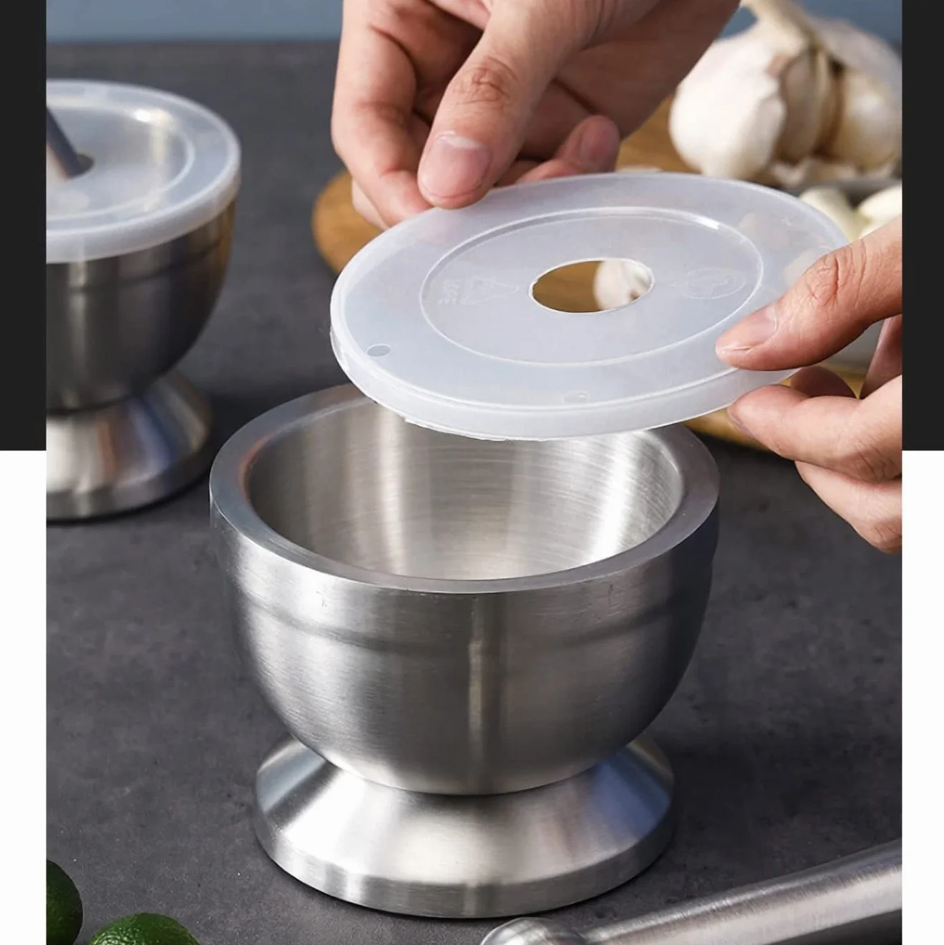 Moździerz ze stali nierdzewnej z tłuczkiem, przeznaczony do kontaktu z żywnością, Pestle and Mortar Stainless Steel, średnica 10 cm (3,9")