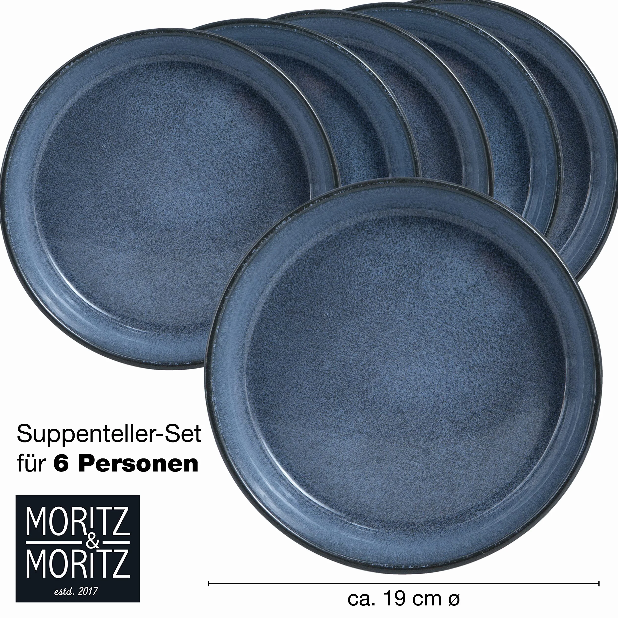 Moritz & Moritz 6-częściowy Zestaw Talerzy do Zupy Niebieski - dla 6 Osób, Porcelana, Zmywarka i Mikrofalówka