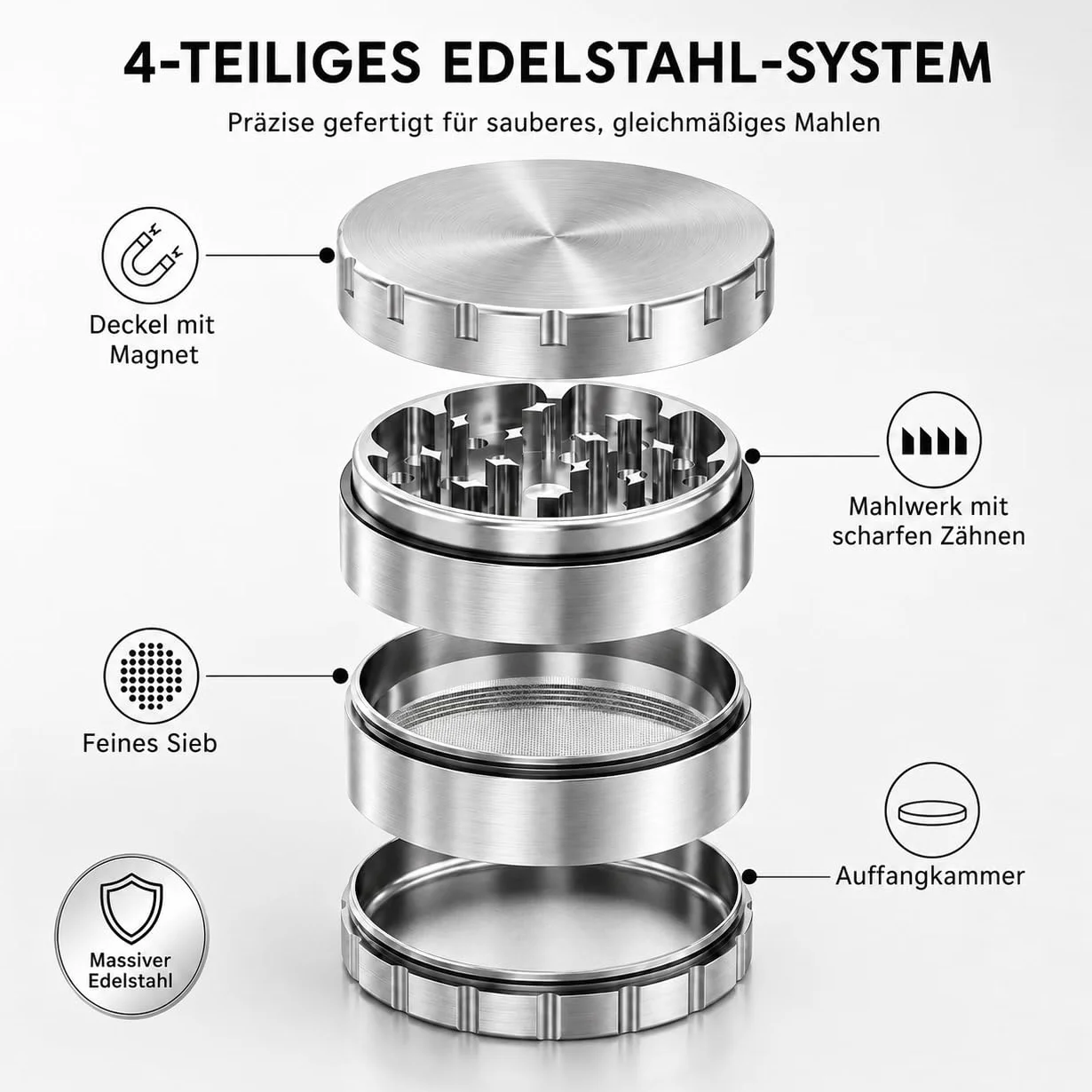 Młynek ze stali nierdzewnej Premium Crusher | 4-częściowy | stalowy młynek do ziół | Ø 63 mm | w zestawie pokrowiec ochronny z zamkiem błyskawicznym, skrobak do pyłków, pędzel i ustnik