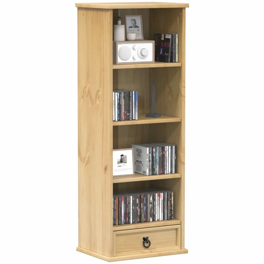 Générique Szafka na płyty CD 40 x 30 x 110 cm z litego drewna sosnowego, szafka do przechowywania płyt CD z szufladą i otwartymi przegródkami na DVD, wielofunkcyjna półka do biura lub sypialni