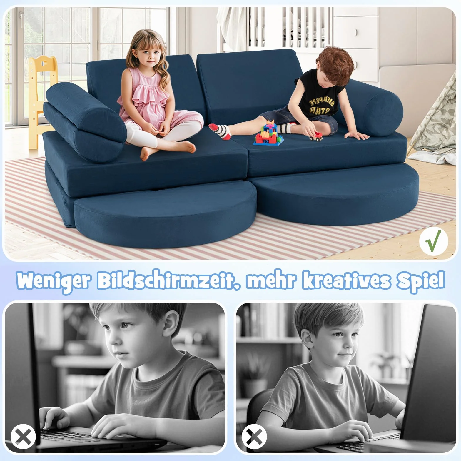 COSTWAY 14-częściowa modułowa sofa dziecięca, do zabawy z pianki, klocków, wspinaczki i raczkowania, rozkładana, do pokoju dziecięcego, pokoju zabaw (granatowa)