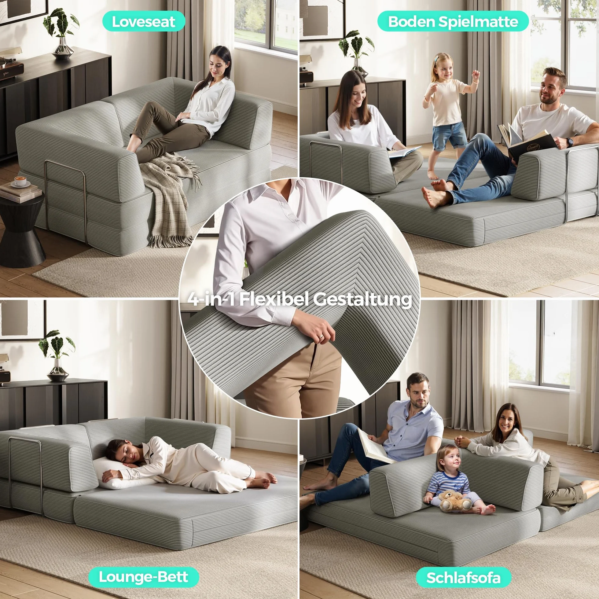 LINSY HOME Sofa z funkcją spania – sofa podłogowa z poduszką na plecy – rozkładana sofa do spania o szerokości 160 cm – tkanina sztruksowa do salonu, sypialni