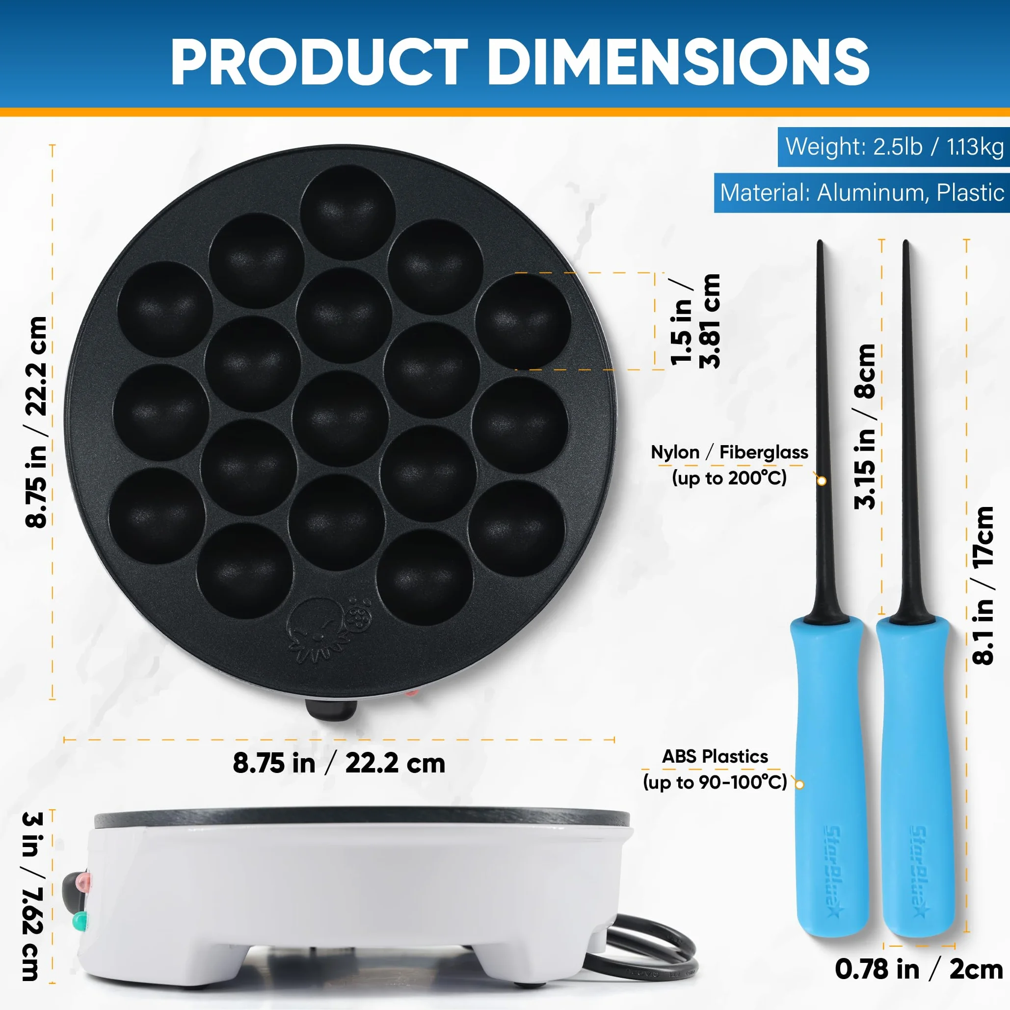StarBlue Takoyaki Maker Machine z darmowymi kostkami Takoyaki, regulacja temperatury, 18 otworów, elektryczna patelnia do japońskich kulek ośmiornicy, 220 V, 60 Hz, 700 W, wtyczka brytyjska z
