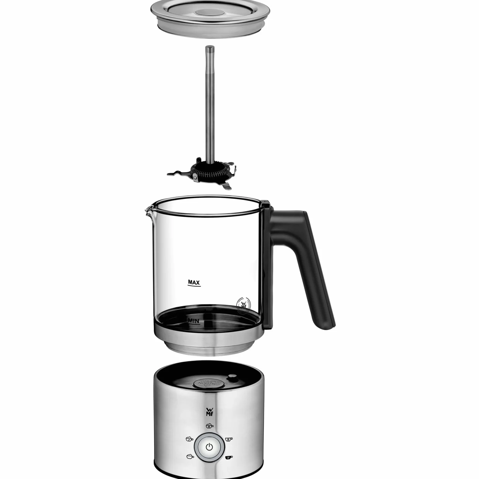WMF Lono szklany spieniacz do mleka, elektryczny, 150-250 ml, 650 W, mikser Frappe Mixer, ekran dotykowy, do spieniania mleka na gorąco i zimno, gorące mleko, podgrzewacz do mleka, ekspres do kakao,