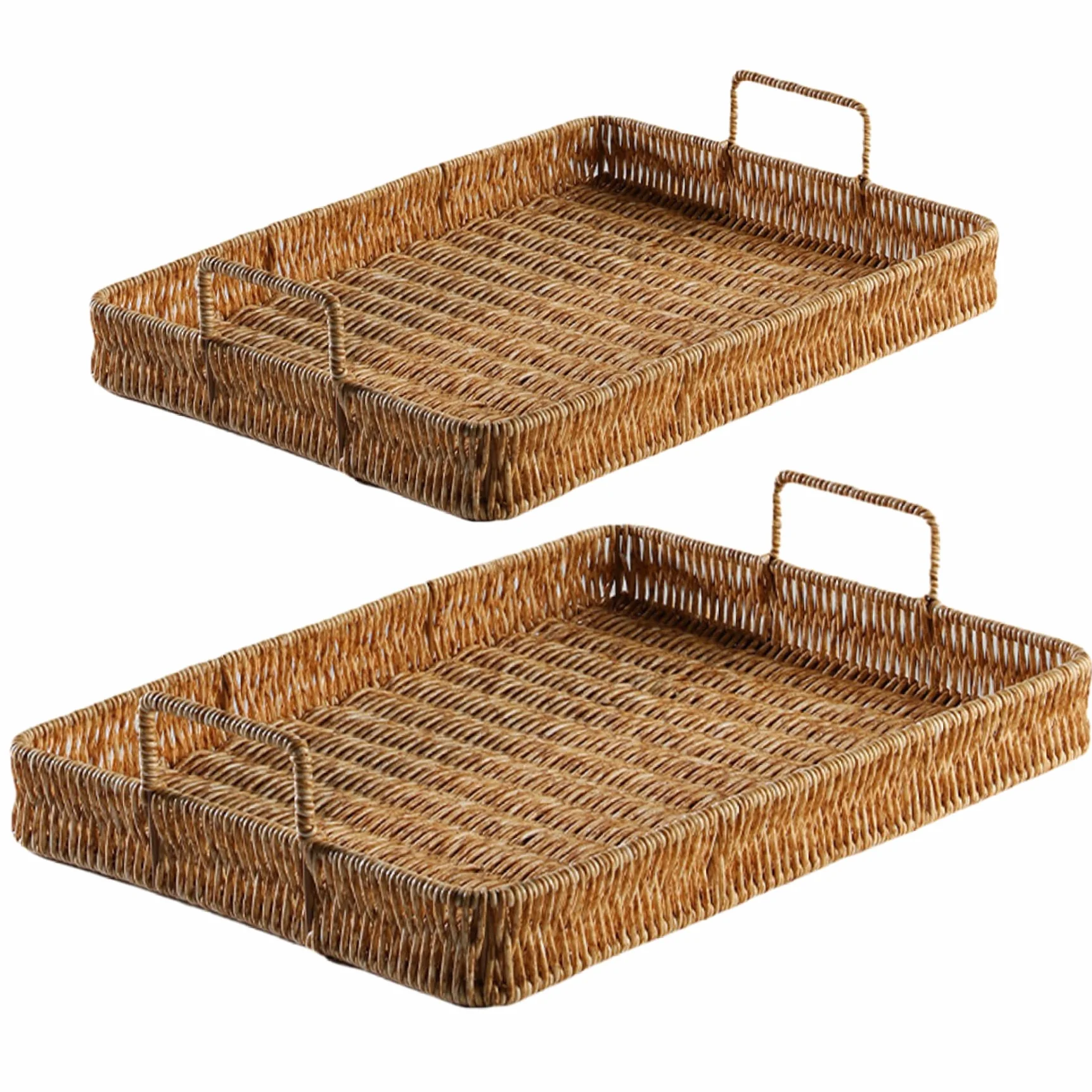 Prostokątny wiklinowy kosz do przechowywania z uchwytami, 41 x 31,5 x 8,9 cm, ręcznie robiony plastikowy rattan, duża pojemność, na stolik kawowy, dekoracja, niezbędne akcesoria łazienkowe