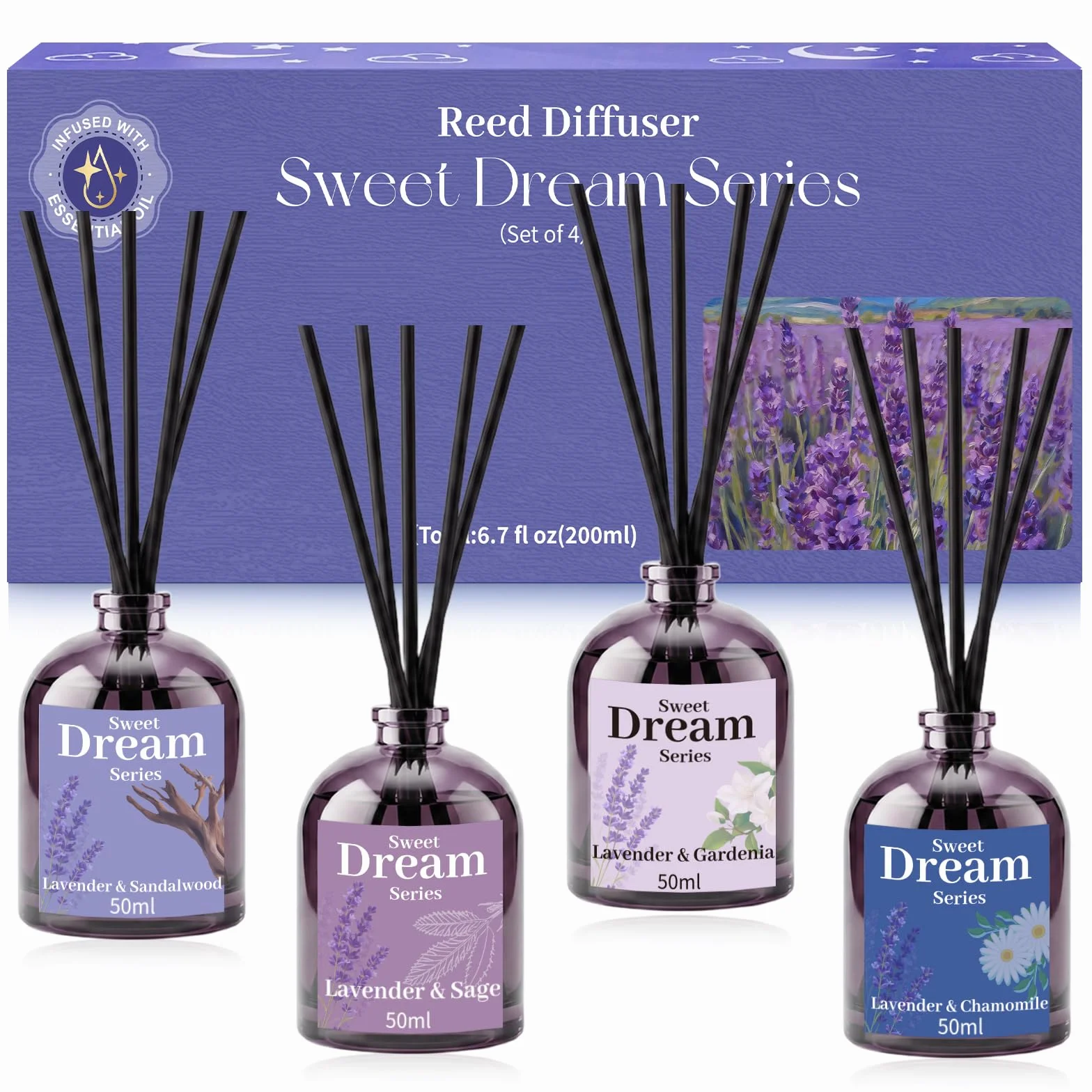 SCENTORINI Dezodorant z pałeczkami zapachowymi, gardenią, szałwią, rumiankiem i drzewem sandałowym, z olejkiem eterycznym z lawendy, dyfuzorem trzciny, 4 x 50 ml, zapachowy do pomieszczeń, łazienek