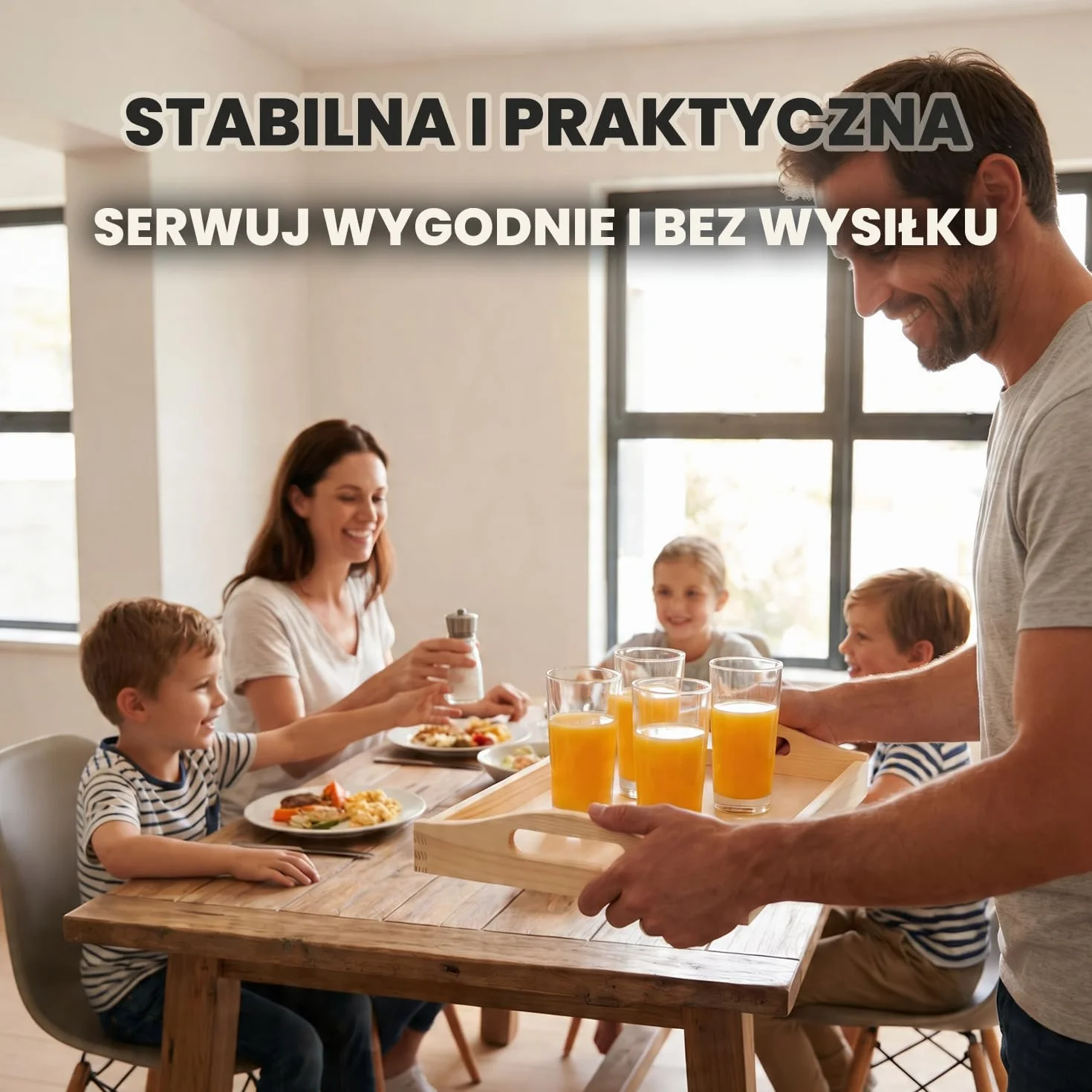 Duża taca z litego drewna 50 x 30 cm - prostokątna drewniana taca z ergonomicznie wyprofilowanymi uchwytami i podwyższonym rantem dla wygodnego serwowania potraw i napojów