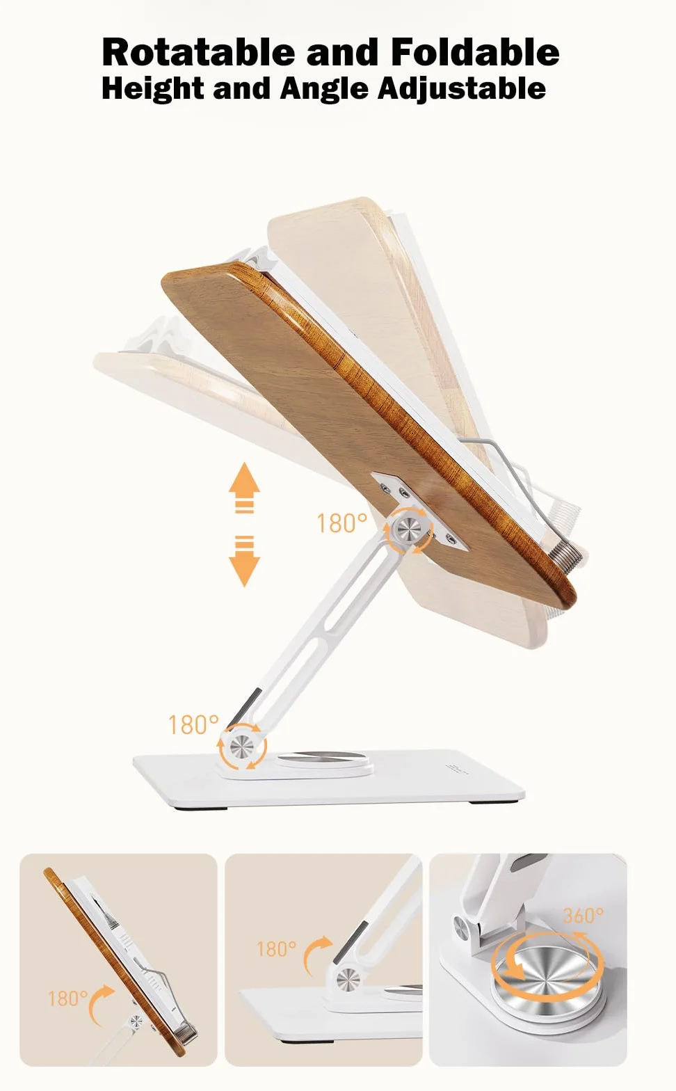 Drewniany stojak do czytania, na książkę kucharską, obracany o 360°; aluminiowa podstawa, składany i przenośny, do biura, kuchni, szkoły, podręcznika, przepisów, magazynów, tabletu