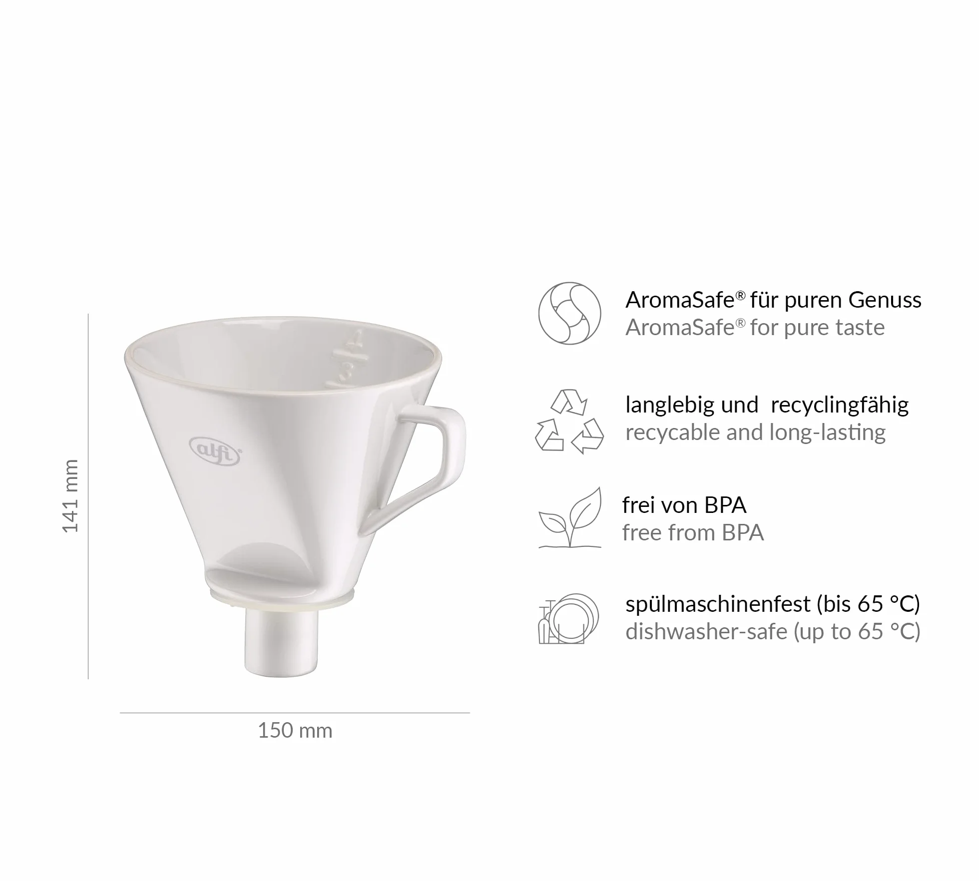 alfi 0096.010.000 filtr do kawy, porcelana, biały, rozmiar 4, dzbanek do bezpośredniego parzenia w 1 lub 2 filiżankach lub dzbankach z większym lejkiem