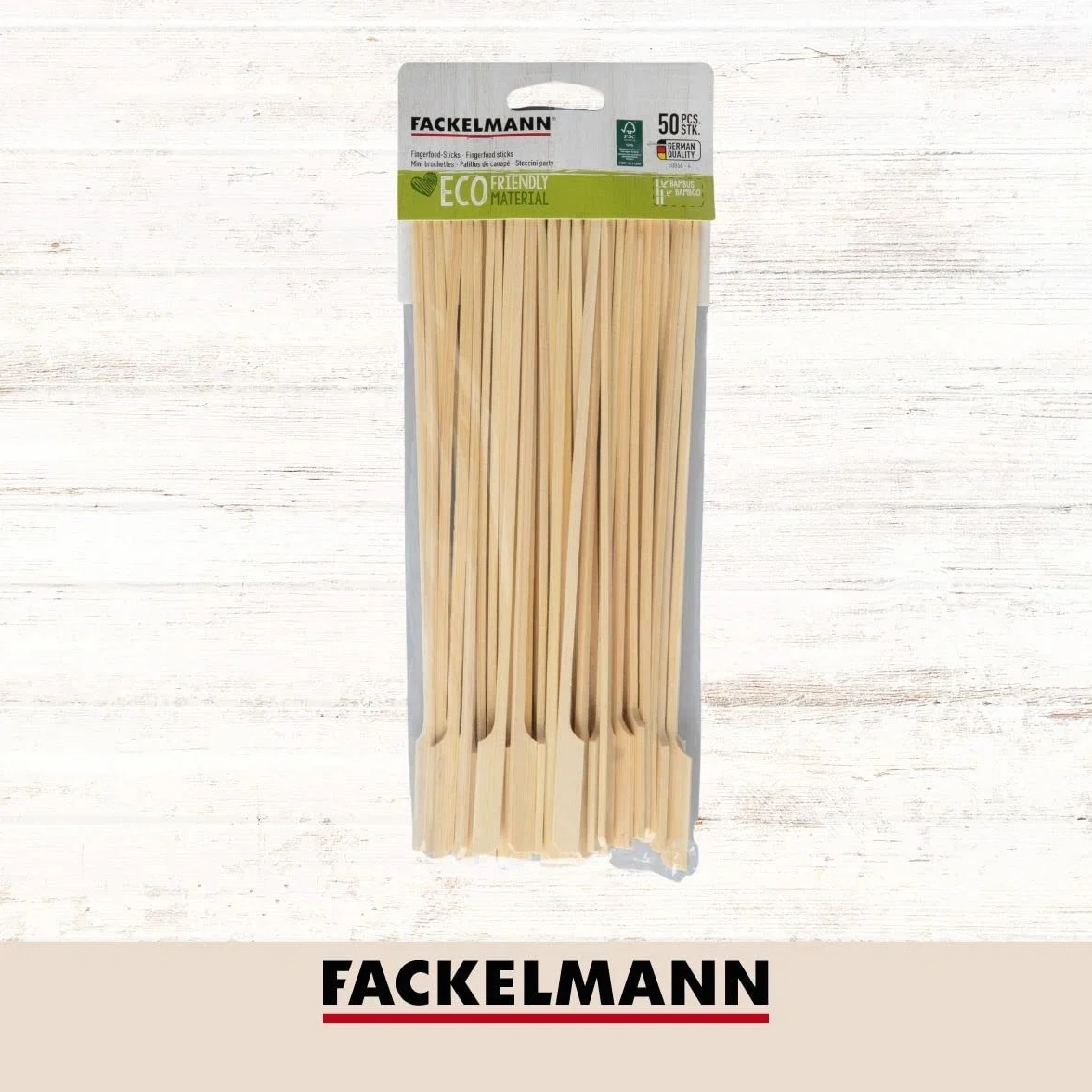 Fackelmann 50866 Zestaw 50 drewnianych szpikulców 25 cm, drewniane szpikulce, szpikulce aperitify, drewniane patyczki, Bambus, 25 cm
