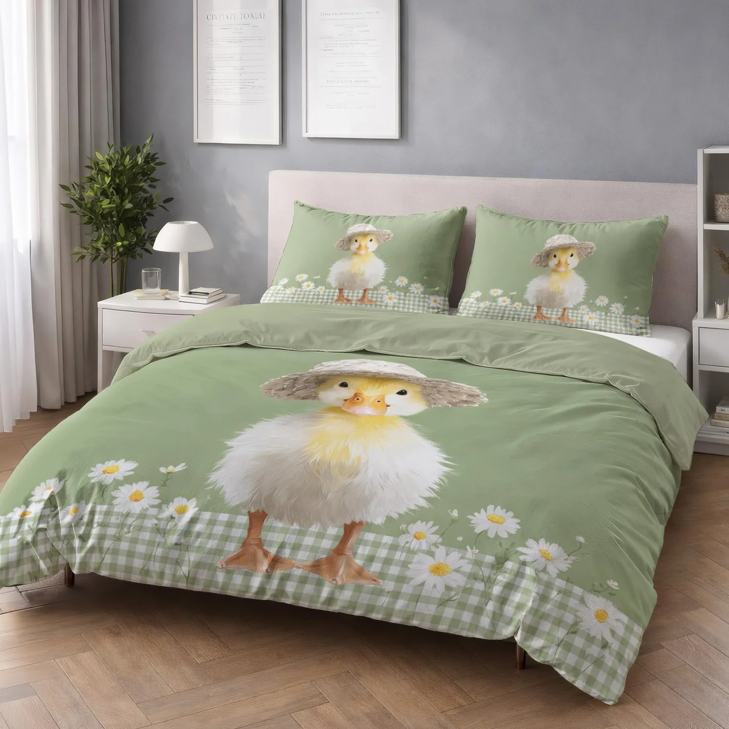 Zestaw poszewek na kołdrę ze zwierzętami szałwia, słodkie, świeże kaczątko, 3 sztuki, 240 x 260 cm - zestaw pościeli z miękkiej mikrofibry, z zamkiem błyskawicznym i poszewkami na poduszki, można prać