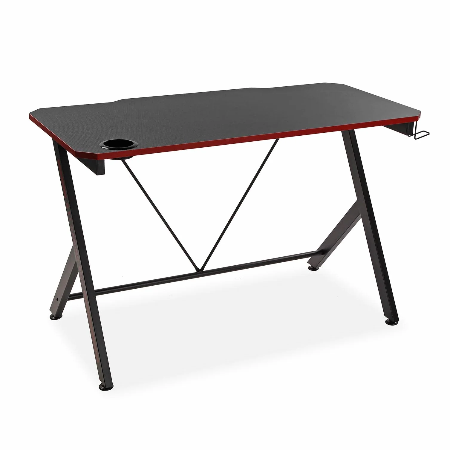 Versa Pablo stół do gier komputerowych, stół do pokoju lub gabinetu, uchwyt na kaski i napoje, wymiary (wys. x szer. x gł.) 76 x 60 x 120 cm, drewno i metal, czarno-czerwony