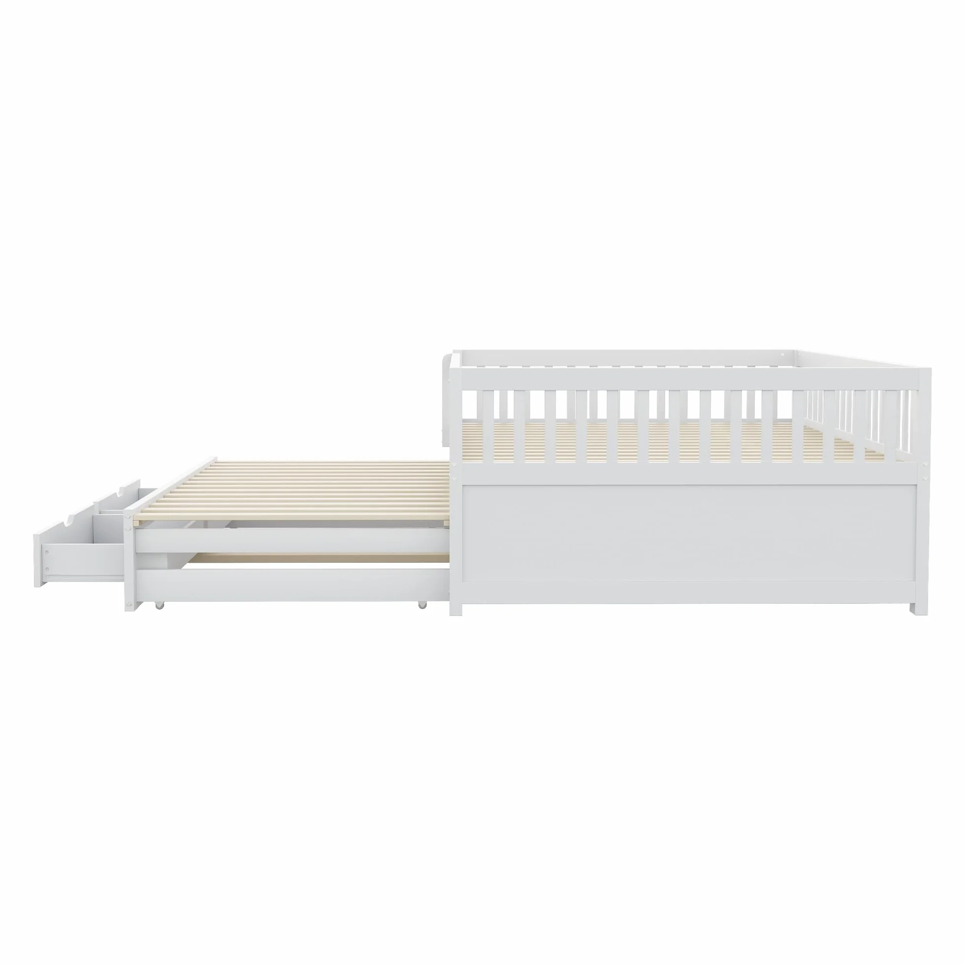 Sofa do spania z litego drewna 140 x 200 cm, w pełni wyściełana kratka bezpieczeństwa, wysuwane łóżko z 2 szufladami pod spodem, ze stelażem, łóżko dziecięce, łóżko młodzieżowe, łóżko dla gości