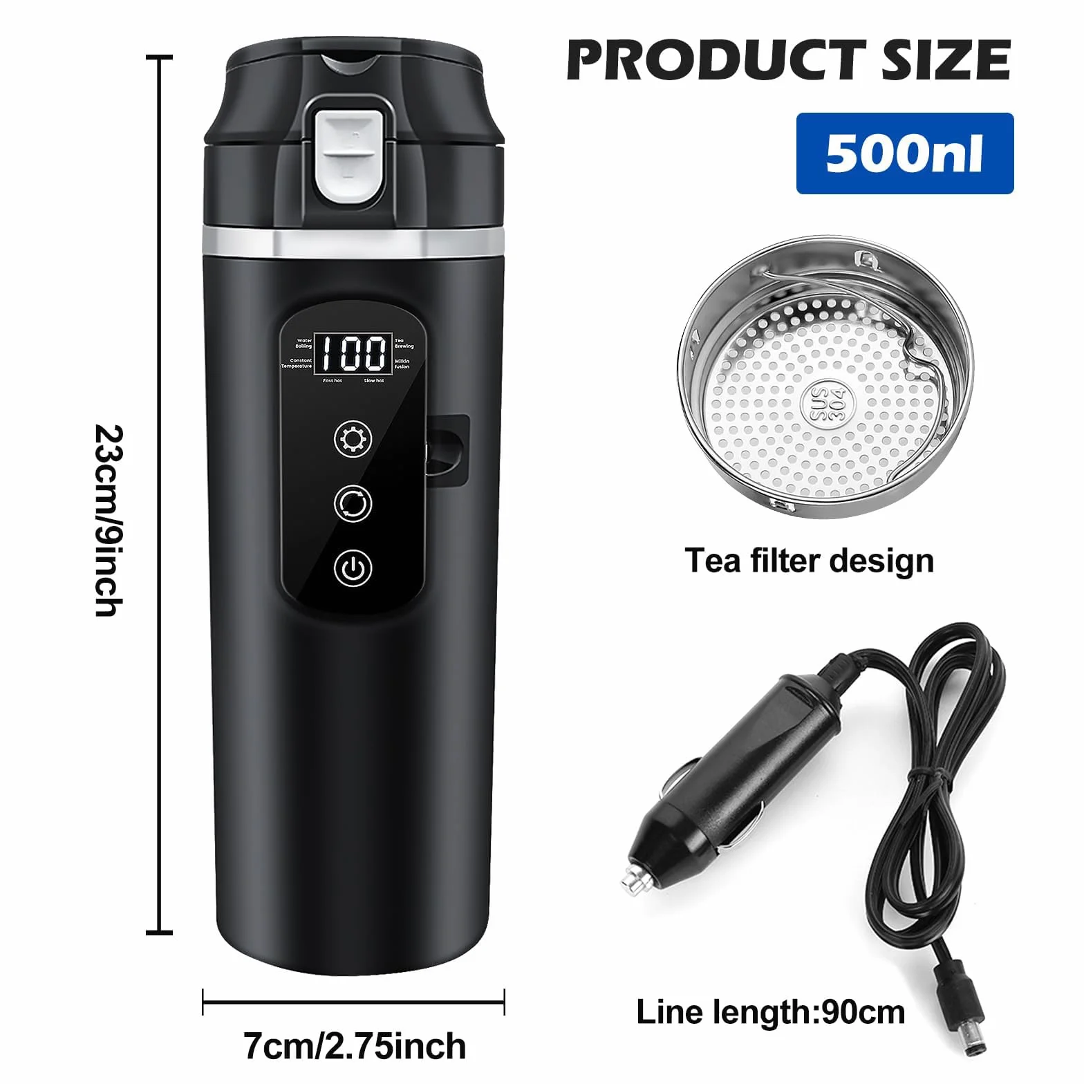 Czajnik elektryczny do samochodu, 500 ml, przenośny czajnik samochodowy 12 V, 24 V, z regulacją temperatury i wyświetlaczem LCD, do samochodów ciężarowych, na kemping, do podróży, do herbaty, kawy