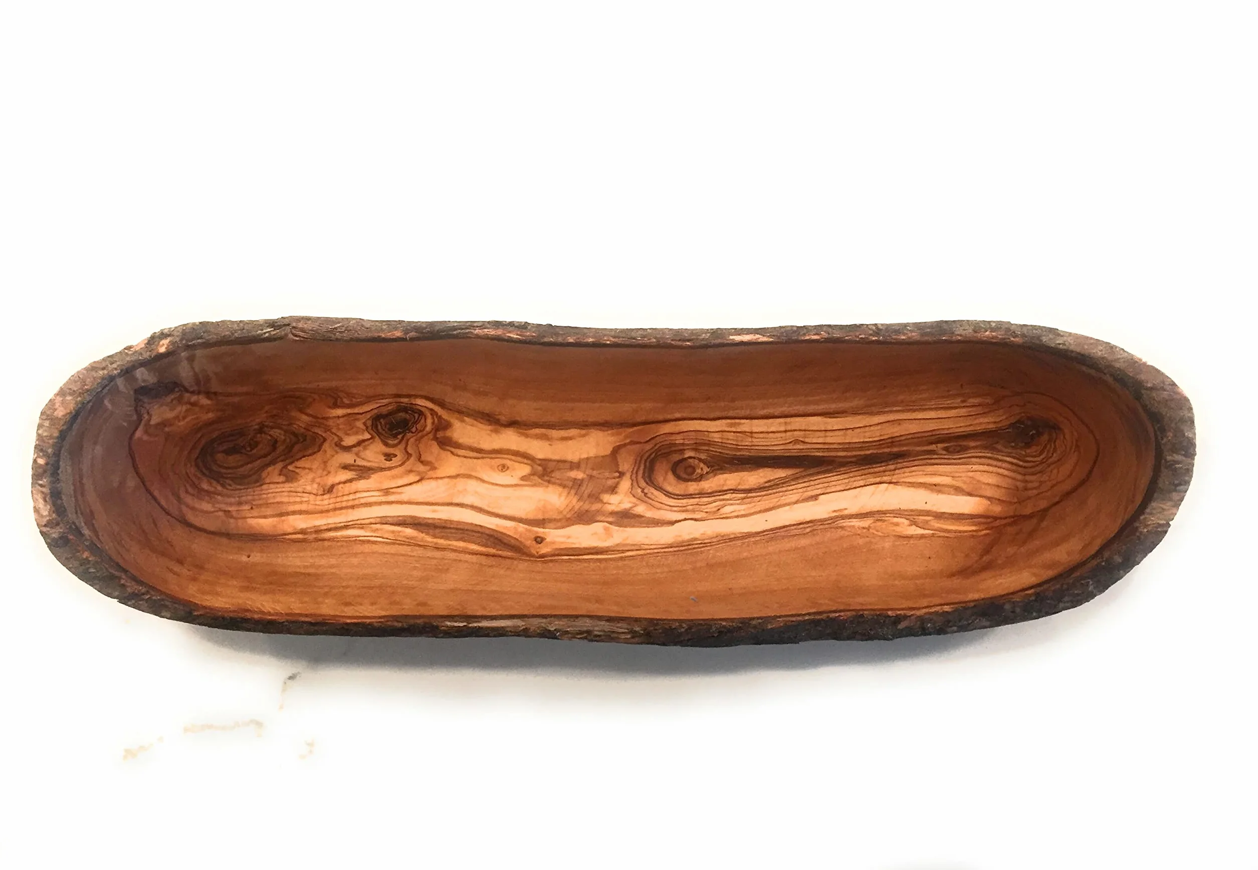 Rustykalny rzemieślniczy kosz na chleb/bagietki z drewna oliwnego- krawędź żywej kory - od Orchard Hardwoods. Owalna miska do serwowania włoskiego chleba lub dowolnego jedzenia. W średnim 35 cm, dł. 45 cm (średnio 35 x 10 x 7,6 cm)