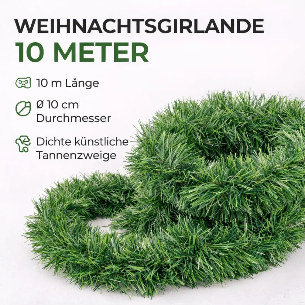 Girlanda bożonarodzeniowa zielona 10 metrów - sztuczna girlanda dekoracyjna Ø 10 cm - girlanda jodłowa Boże Narodzenie