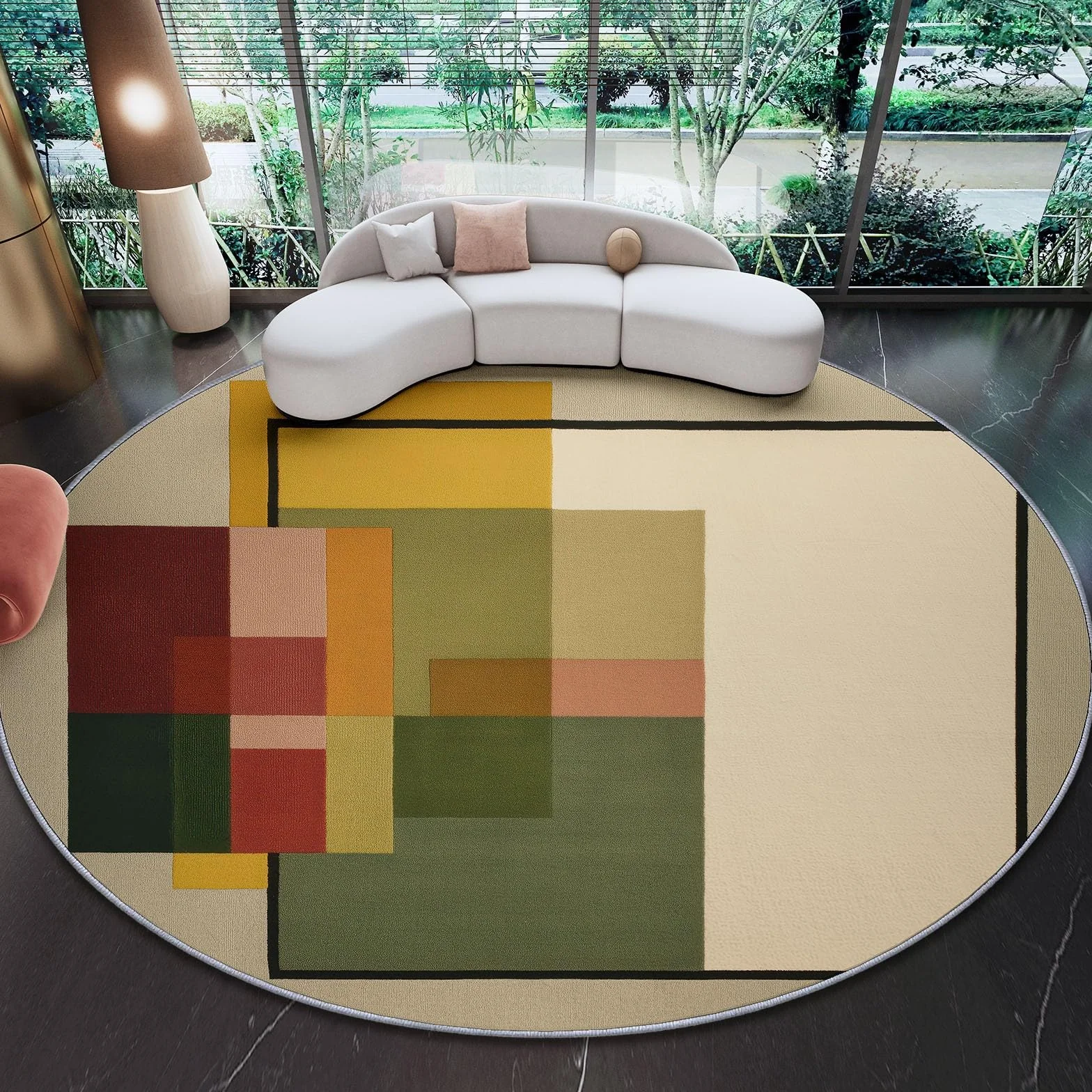 Okrągły dywan 150 cm miękki flanelowy dywan, nowoczesny minimalistyczny w kratkę okrągły kolor klocki salon sypialnia drukowana antypoślizgowa dekoracja wnętrz dywan, beżowy