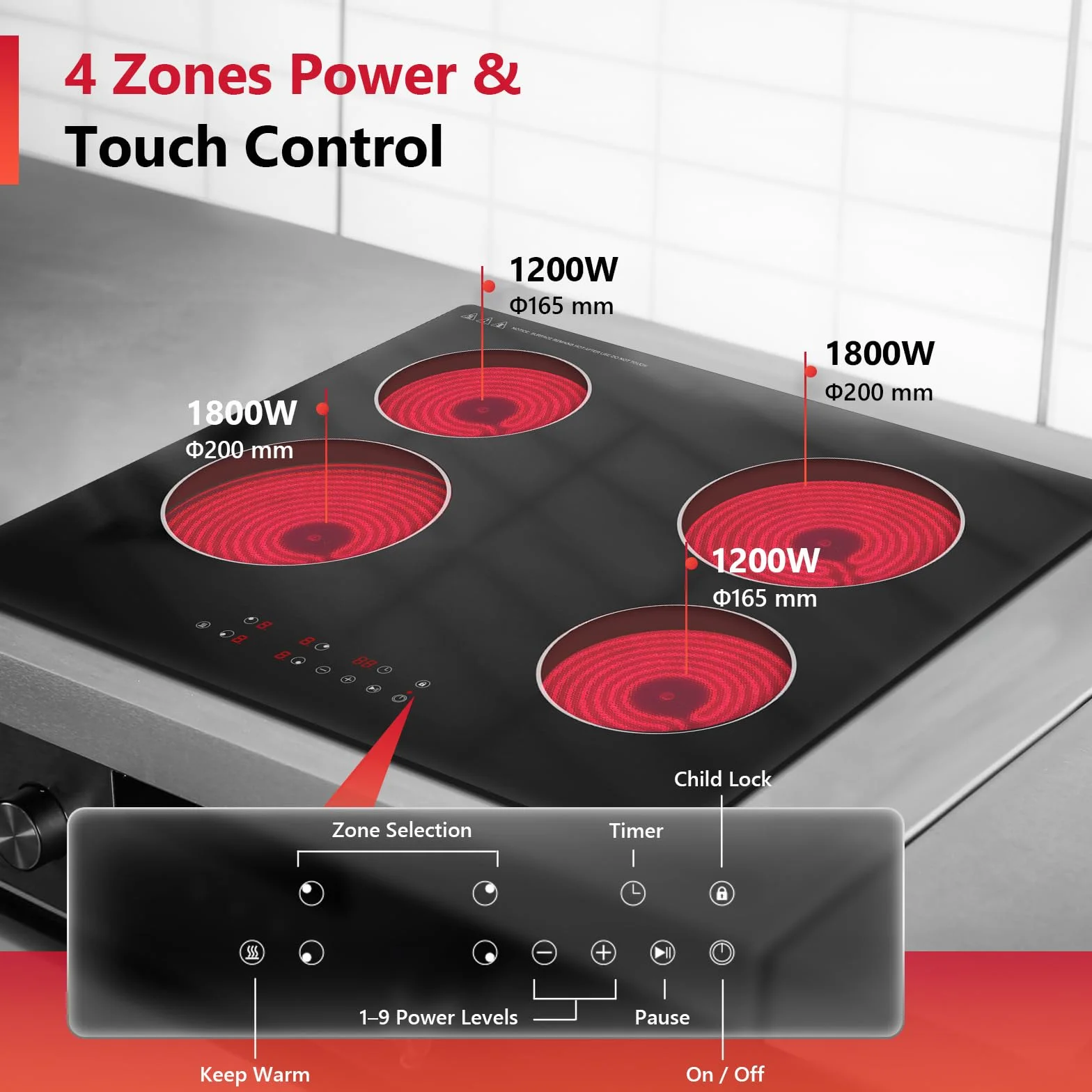 60 cm płyta kuchenna z ceramiki szklanej, 4 strefy, elektryczna płyta kuchenna na podczerwień z obsługą dotykową, 6000 W, 230 V