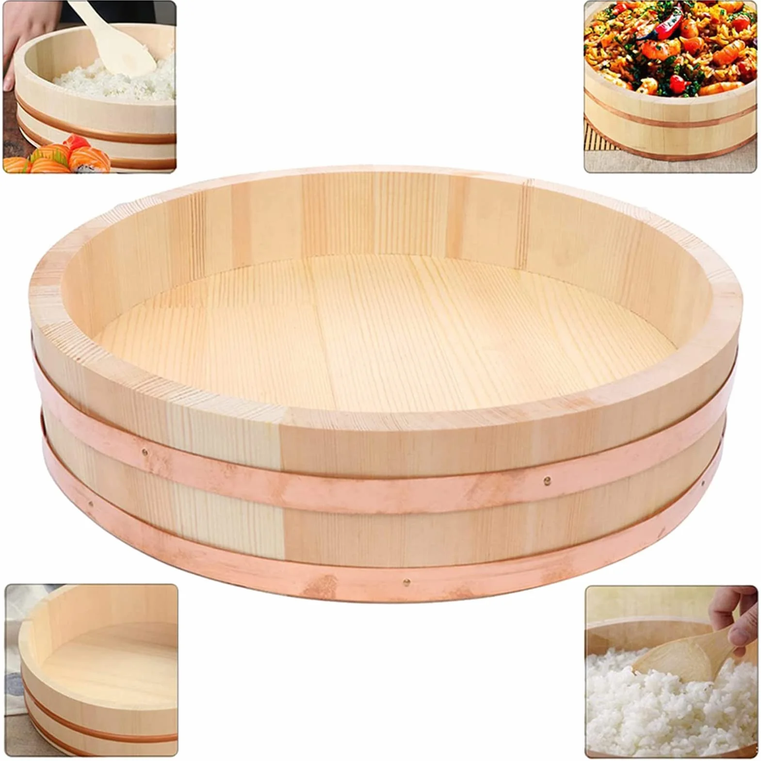 Hangiri Japoński zestaw do robienia sushi, miska do mieszania ryżu, drewniana wanna do sushi, sushi oke, do równomiernego przypraw i chłodzenia ryżu, 36 cm