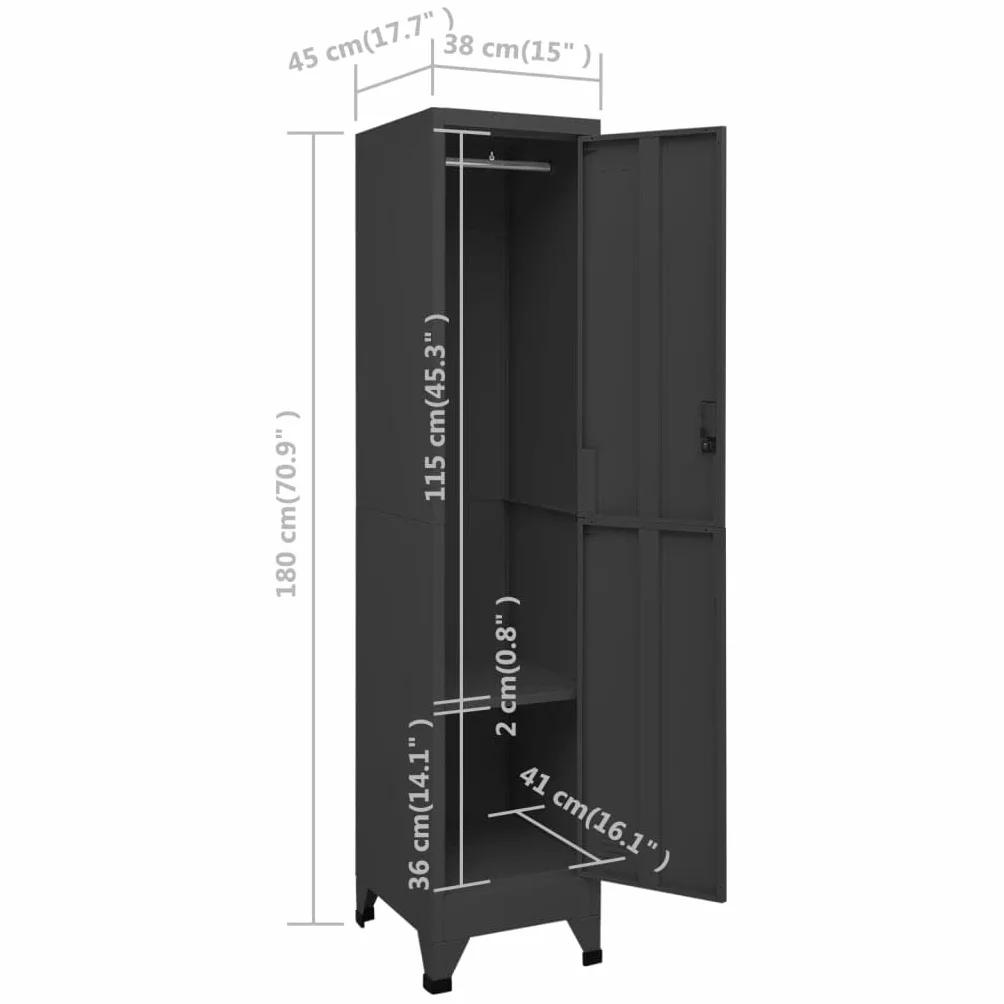 Nowoczesna szafka stalowa 38 x 45 x 180 cm, antracytowa, zamykany system przechowywania z wentylowanymi półkami na drzwi i drążkiem na ubrania, do biura, szkoły, przedpokoju, salonu, stylowa