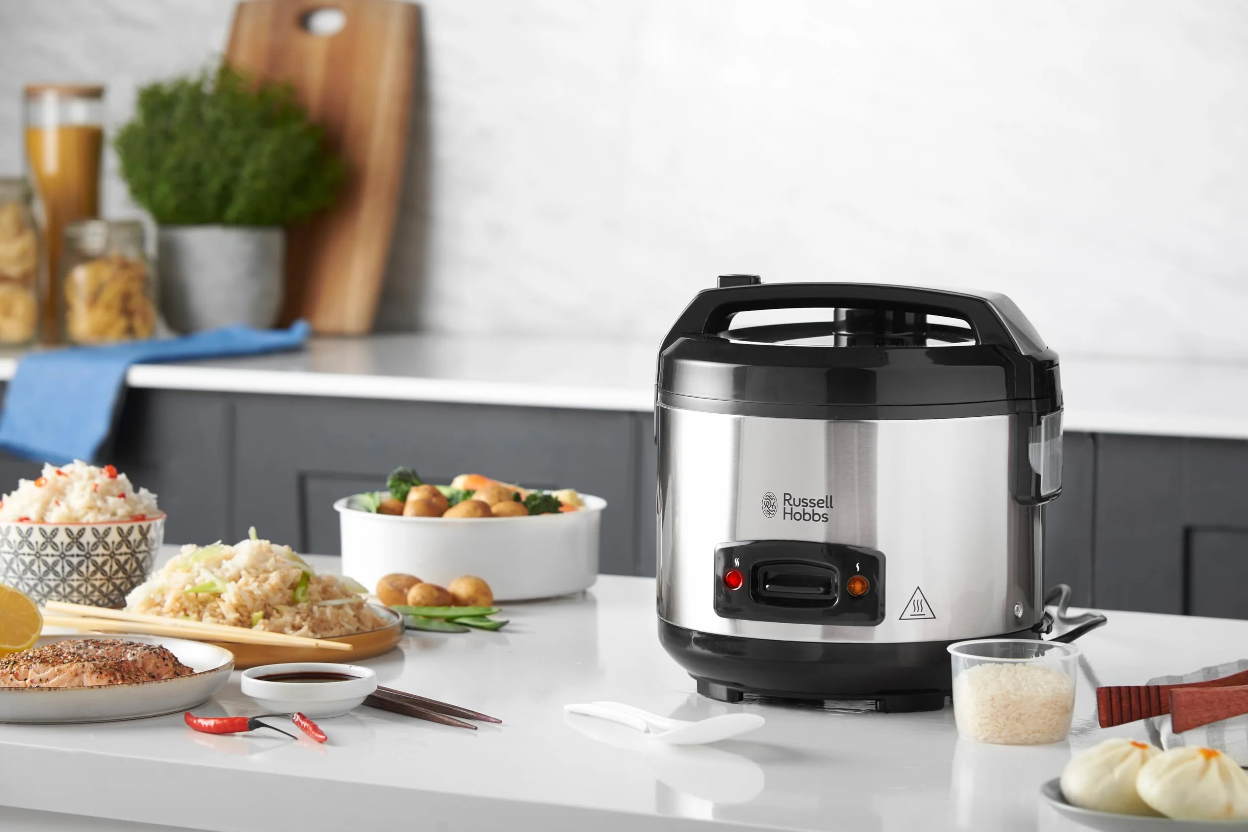 Russell Hobbs parowar i ryżowar, pojemność 1,2l, powłoka zapobiegająca przywieraniu, pokrywka ze szkła hartowanego, pokrywka antykondensacyjna, nienagrzewające się uchwyty, moc 500W, biały, 27080-56