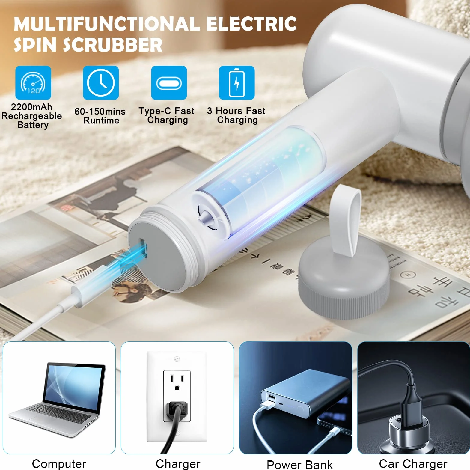 OSDUE Elektryczna szczotka do czyszczenia, elektryczna płuczka wirująca, bezprzewodowa ręczna płuczka prysznicowa z 3 wymiennymi główkami szczotek do czyszczenia łazienki, wanny, podłogi, płytek i domu (biały)