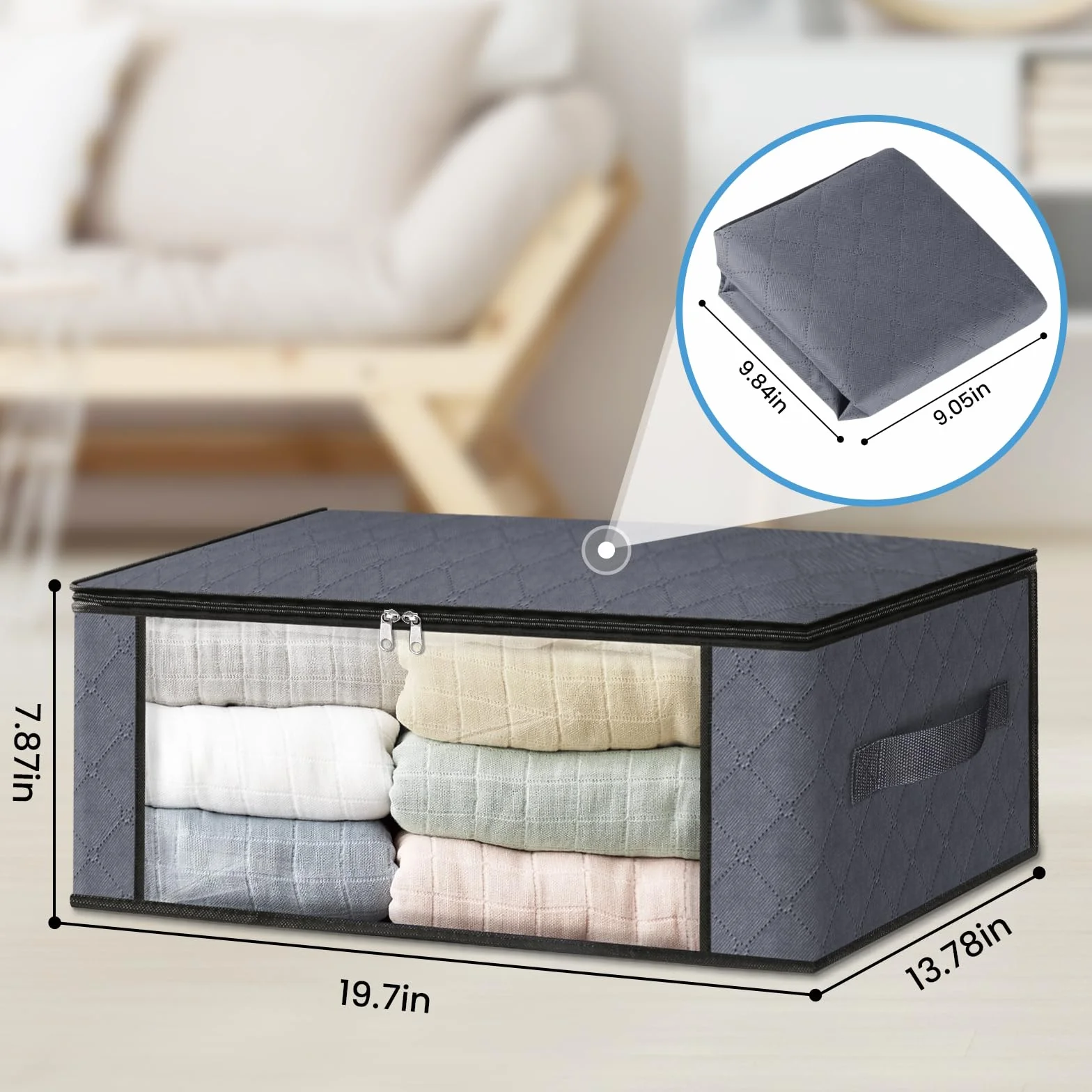 HomeHacks 6-pak organizer na ubrania, składane pudełko do przechowywania, z dużym, przezroczystym oknem, solidne uchwyty do szafy, akademika, poduszek, pościeli, ubrań, wypchanych zabawek, koców, szary