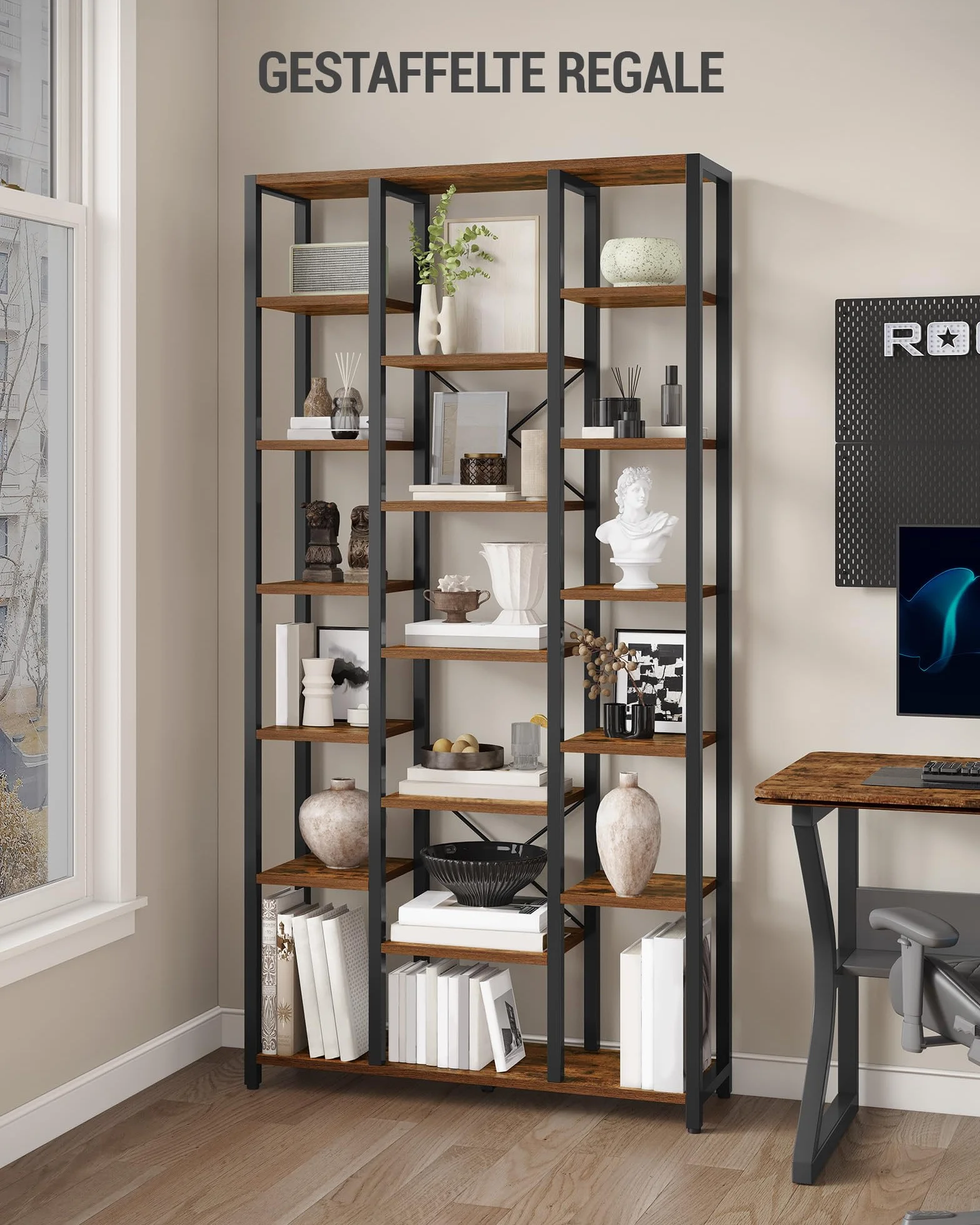 Hzuaneri Regał, 7-poziomowa biblioteczka z 18 otwartymi półkami, regulowany regał do salonu lub biura domowego, 30 x 100 x 200 cm, Rustykalny brąz i czerń, BC15601B