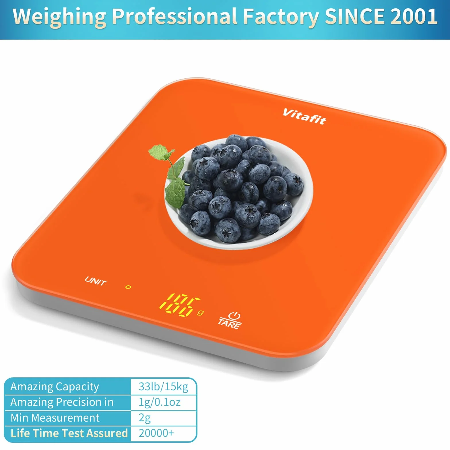 Vitafit Waga spożywcza o wysokiej precyzji 1 g, nasza własna waga kuchenna profesjonalna fabryka od 2001 roku, cyfrowa waga do gotowania i pieczenia, LED, 3 x bateria AAA, odświeżająca pomarańcza