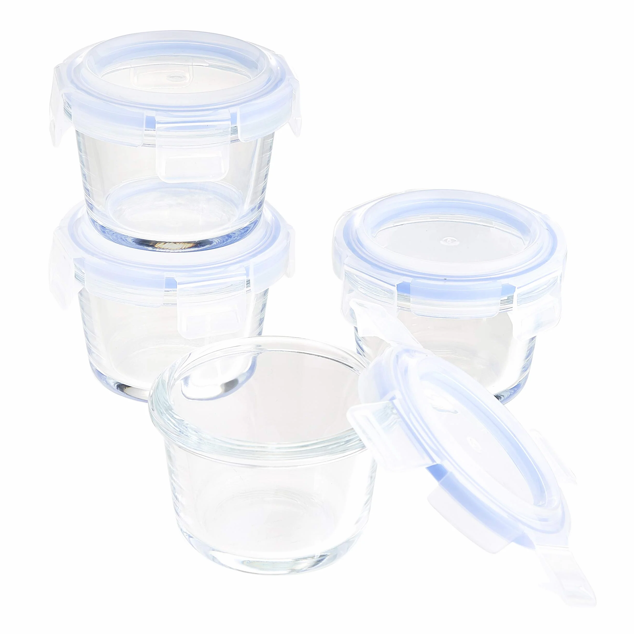 Amazon Basics ABL001 8-częściowy zestaw szklanych pojemników do przechowywania, 144 ml, zestaw 4 pojemników, przezroczystych z niebieskimi pokrywkami