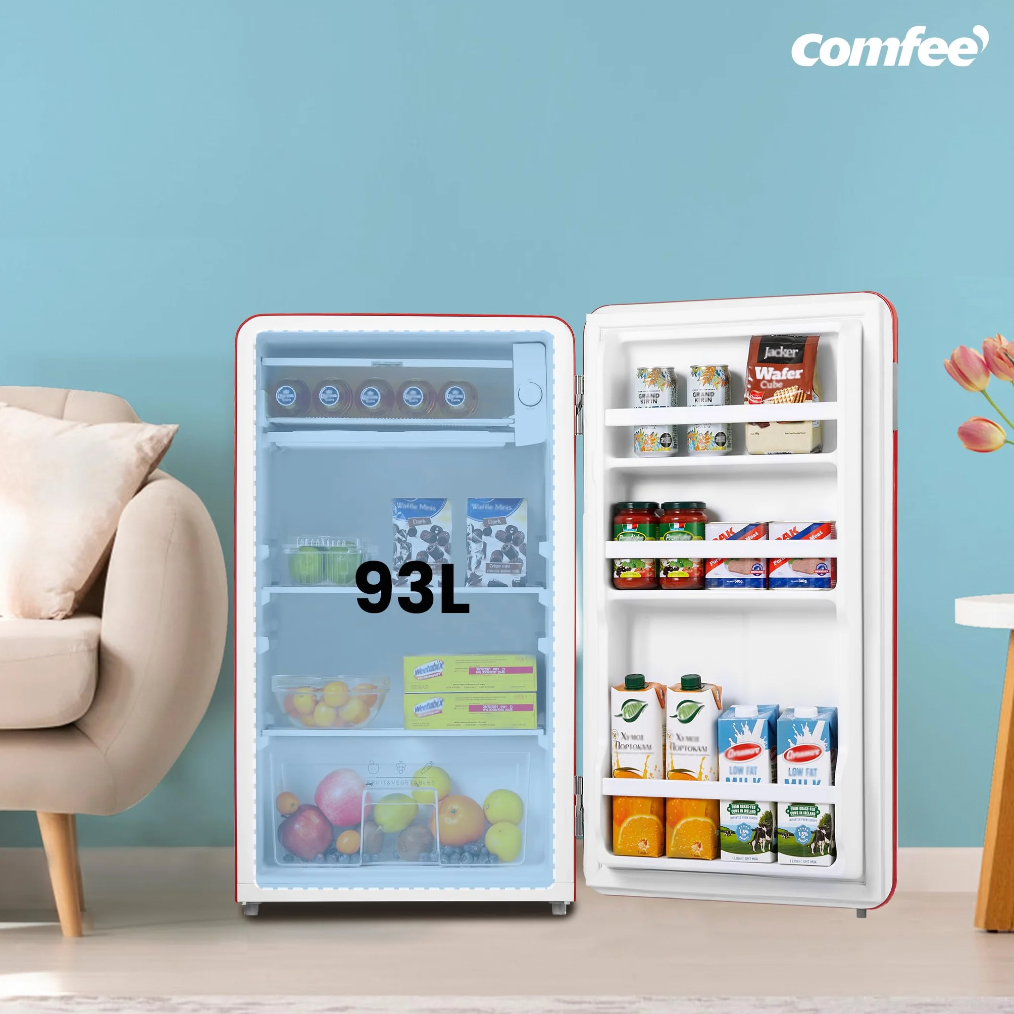 COMFEE' RCD93RE2RT(E) mała lodówka 93L, retro design, mini lodówka jednodrzwiowa, regulowana temperatura, cicha, odpowiednia do domu, biura i hotelu, czerwona
