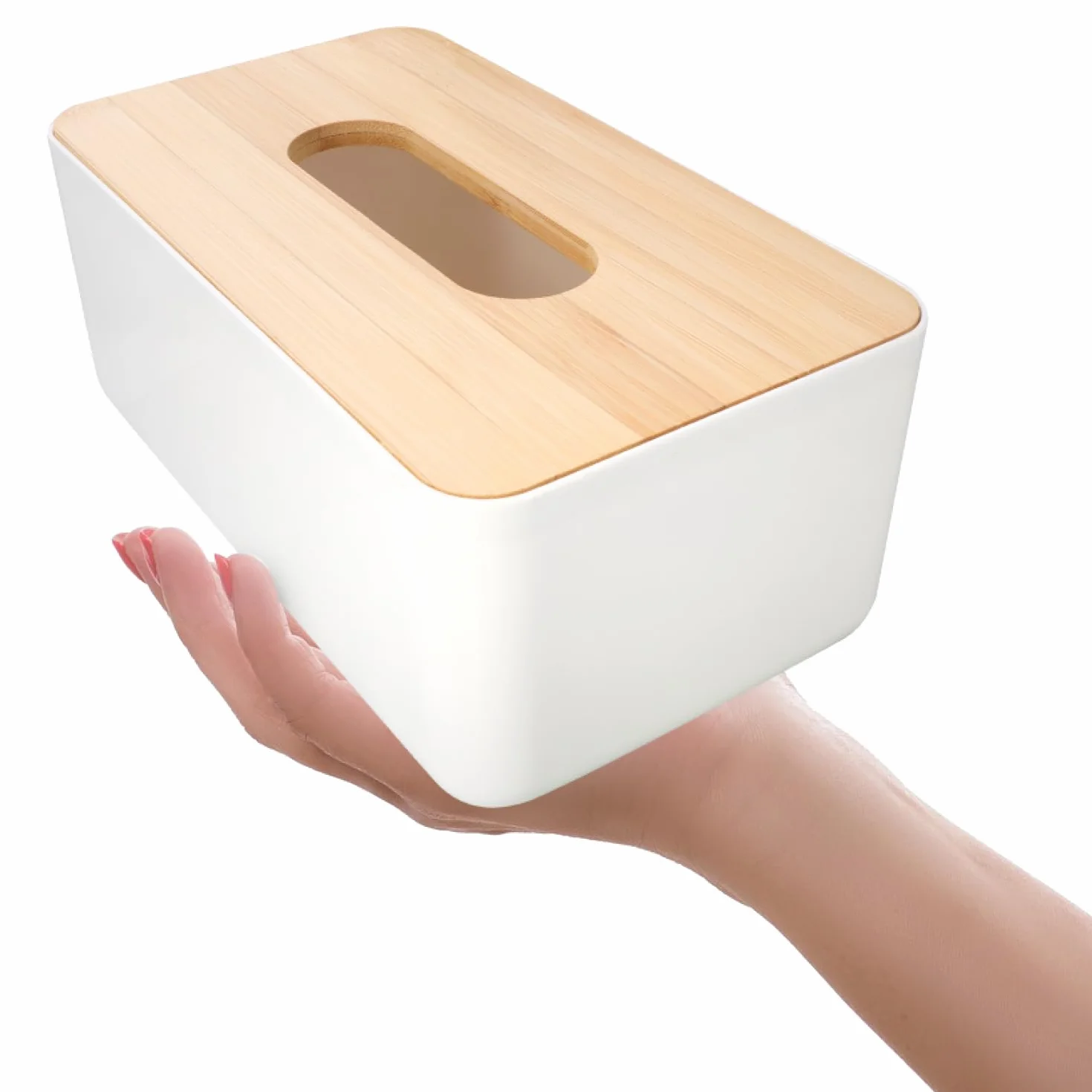 COM-FOUR® Pudelko na chusteczki kosmetyczne z tworzywa sztucznego z bambusowa pokrywka - bialy bambus