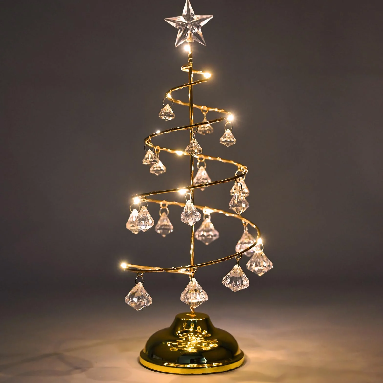 Lampki choinkowe z kryształami 33 cm, dekoracja stołu, lampa choinkowa z diodami LED i kryształowym wisiorkiem, dekoracja na biurko, do domu, na wesele, przyjęcie, dekoracja zimowa (złota)