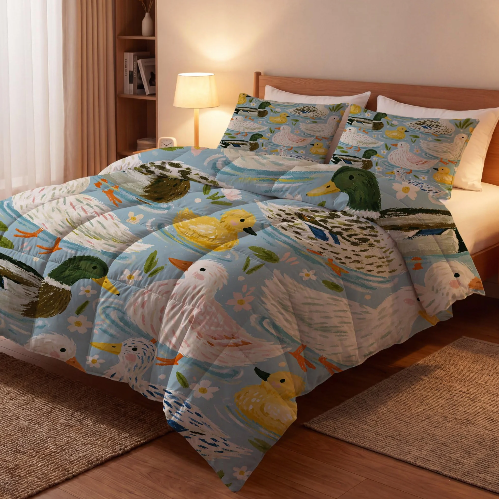 Duckling rustykalna kaczątko lilia wodna bez poszewki na kołdrę King (230 x 220 cm) 4,5 Tog, letnia kołdra z nadrukiem, dwustronna, lekka pościel z 2 poszewkami na poduszki (50 x 75 cm), niebieska