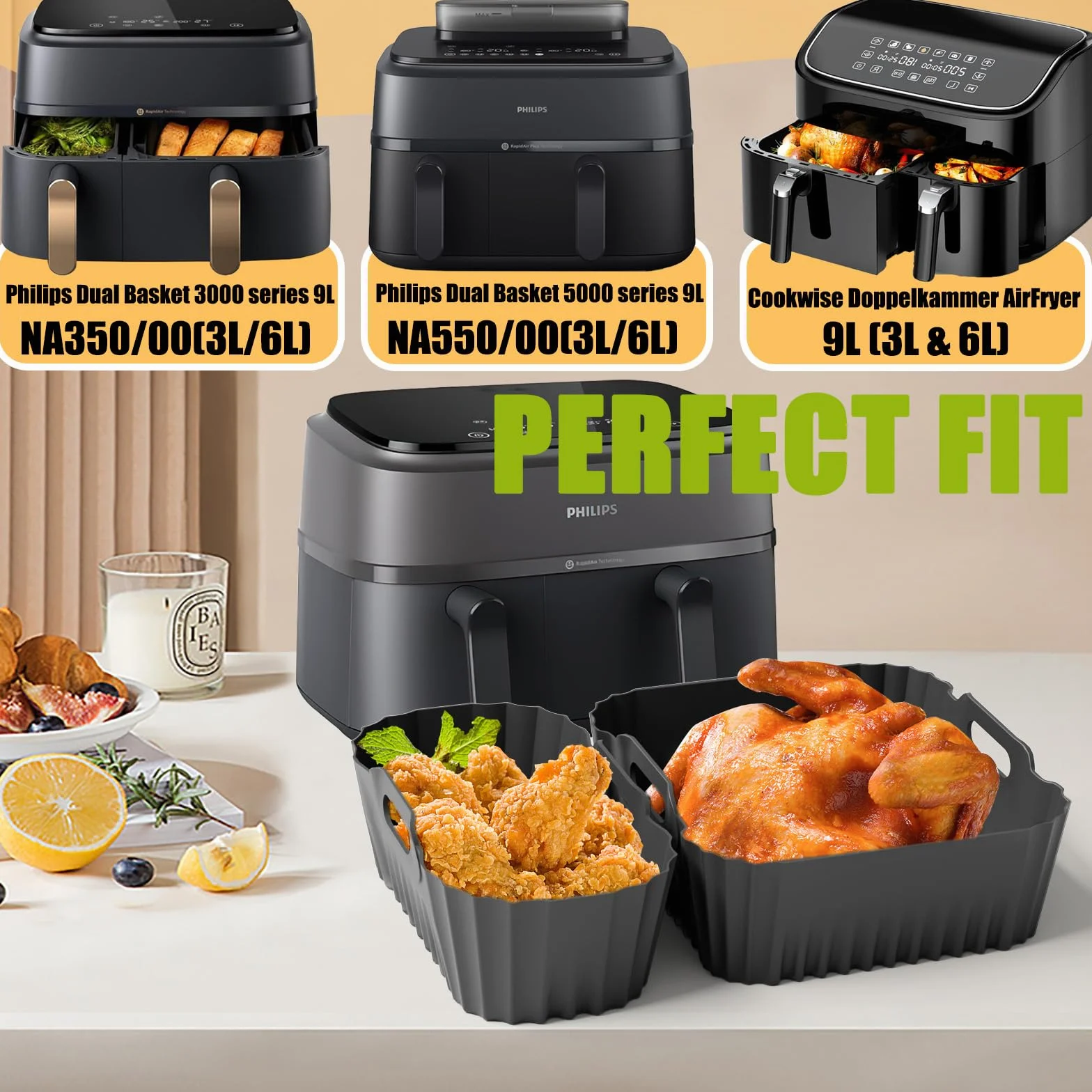 Akcesoria do foremek silikonowych Air Fryer, do Philips serii 3000/5000 Dual Basket 3L/6L, 18 szt. z silikonową formą do frytkownicy powietrznej, kratki/stojaki, foremka do ciasta, foremka do chleba