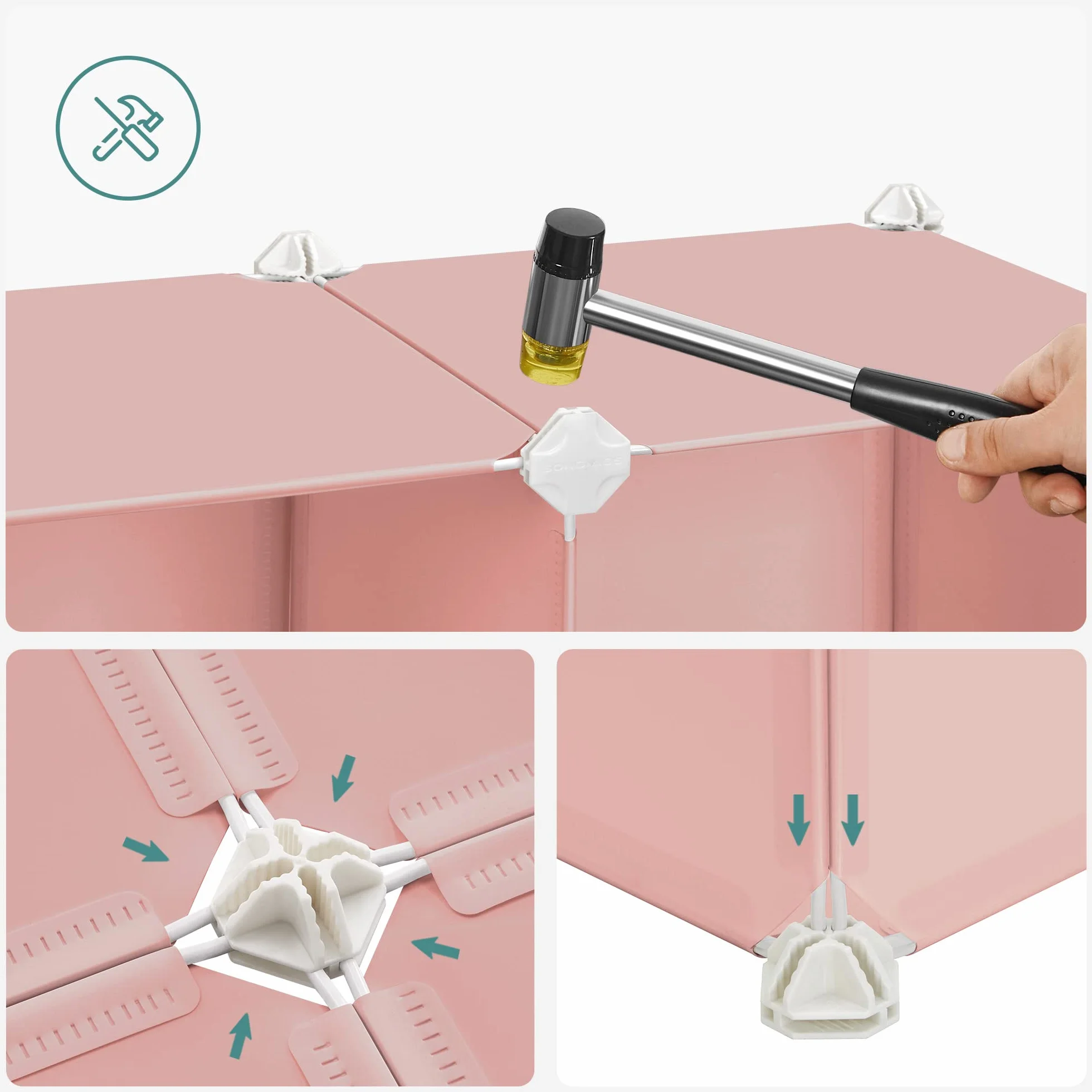 SONGMICS LPC906P01 System regałowy z 16 kostkami, szafa do przechowywania dla dzieci, szafa na ubrania i buty z drzwiami, z tworzywa sztucznego, regał wtykowy, uniwersalny, 123 x 31 x 123 cm, różowy