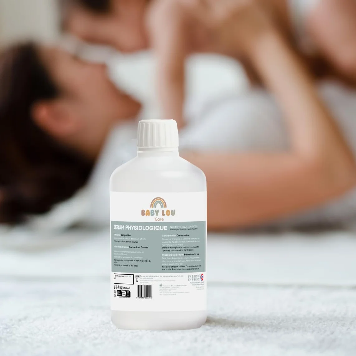 Fizjologiczne serum w butelce | NaCl 0,9% | Mycie nosa | Higiena nosa | Do nawadniania zewnętrznego | Wyprodukowano we Francji | 4 x 500 ml