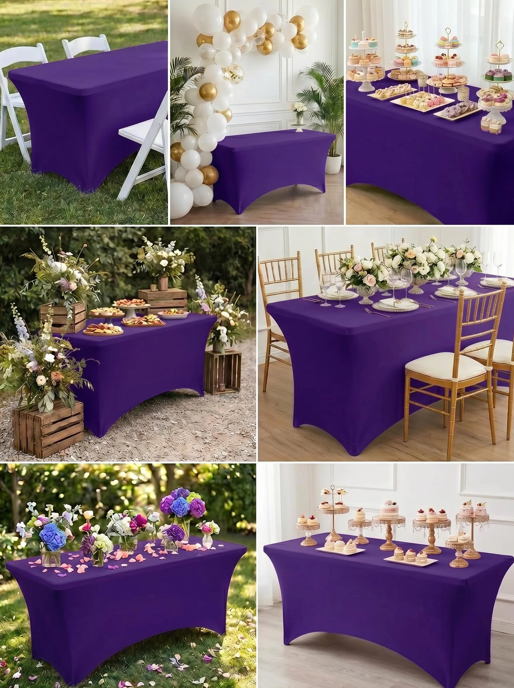 Utopia Kitchen Spandex Obrus 2 Sztuki [6FT, Fioletowy] Mocno Dopasowany, Nadający się do Prania i Odporny na Zagniecenia Rozciągliwy Prostokątny Obrus na Patio na Imprezy, Wesele, Bankiety i Przyjęcia